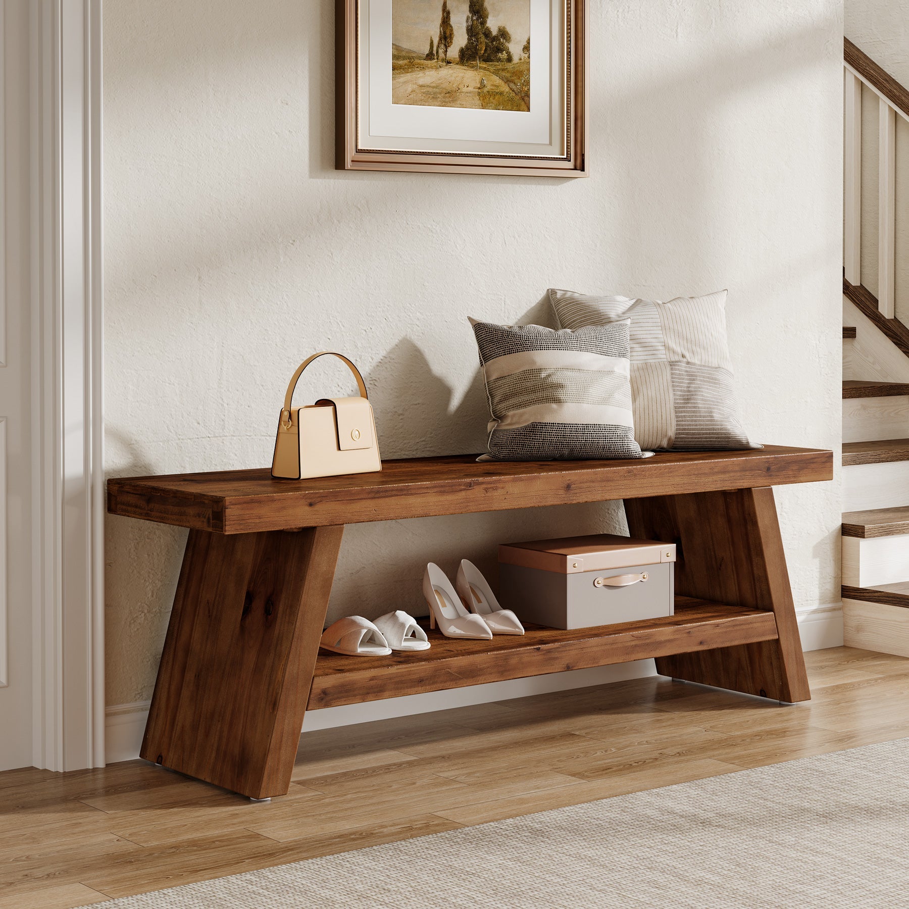 47" 2-Tier Entryway Bench, Solid Wood Shoe Bench with Open Shelves