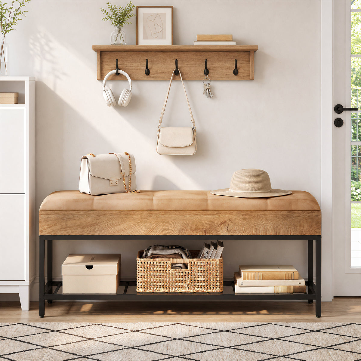 140cm Shoe Bench, 2-Tier Entryway Bench with Cushion & Metal Frame