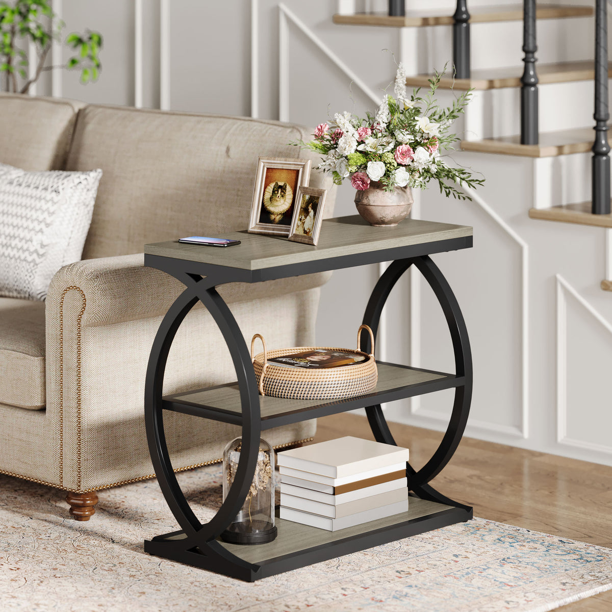 3-Tier End Table, Narrow Side Table Nightstand with Metal Frame