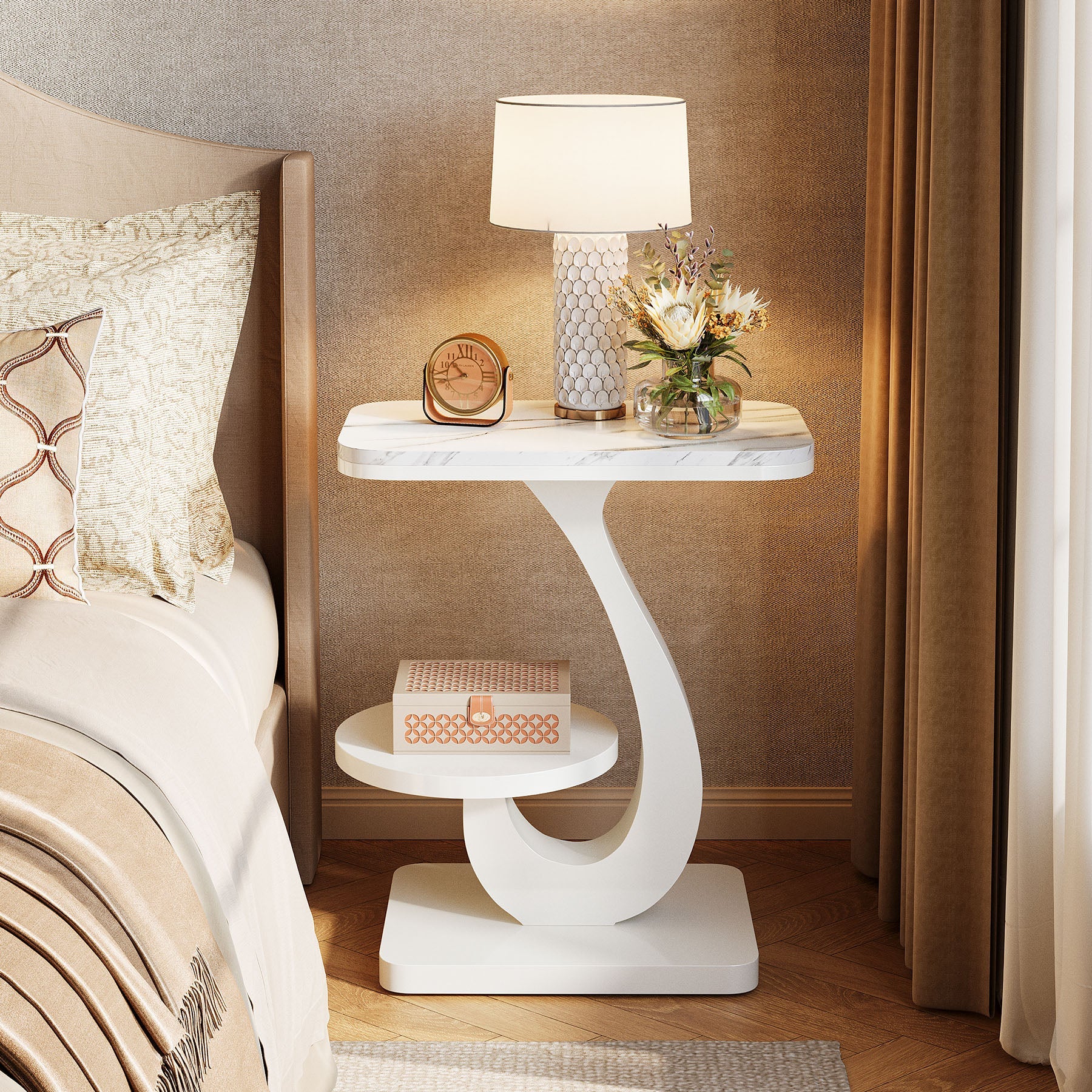 23.62" C-Shaped End Table with Faux Marble Top, Modern 2-Tier Side Table for Sofa and Bed
