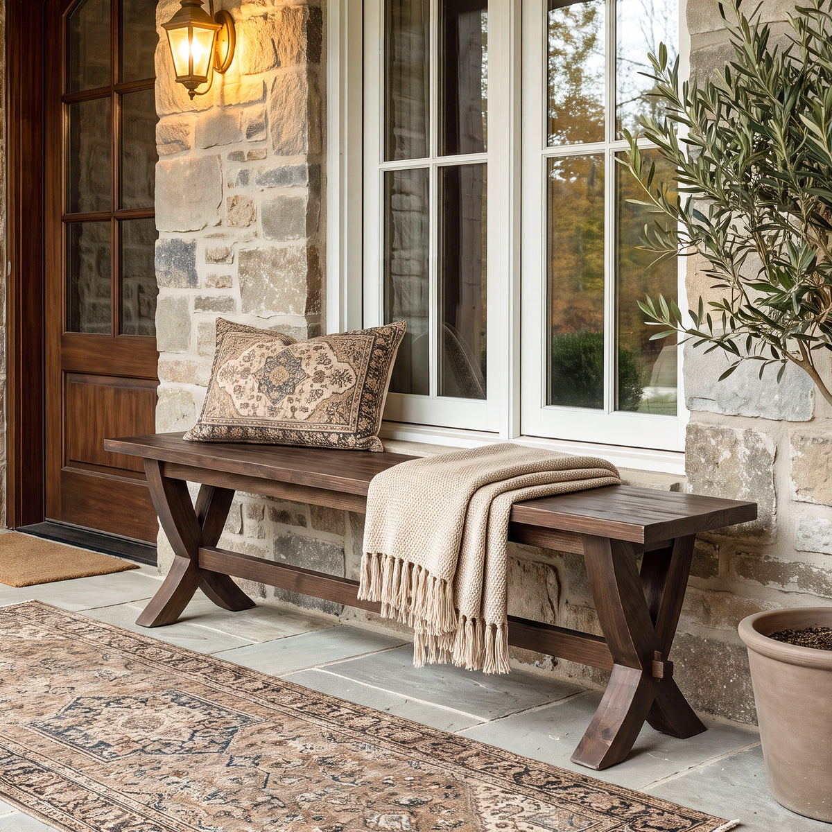 150cm Entryway Bench, Farmhouse Wooden Bench with X-Frame Legs