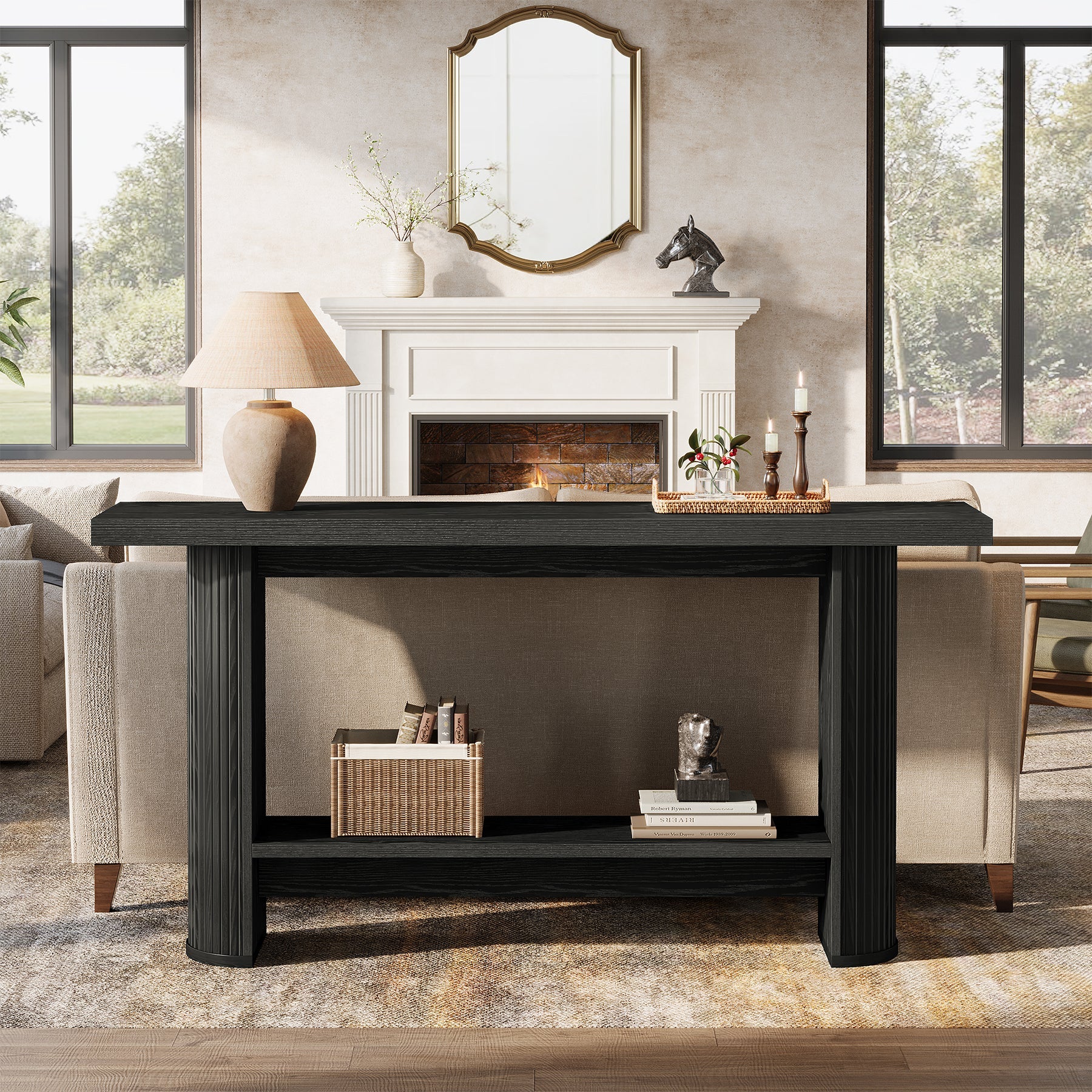 55" Narrow Console Table with Storage Shelf, Rustic Entryway Sofa Table