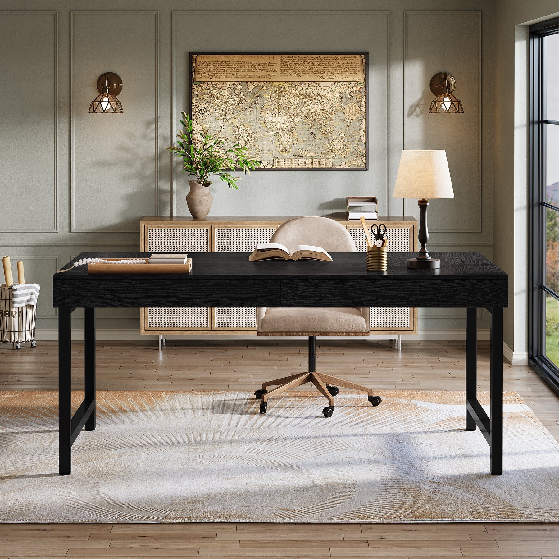 55" Industrial Executive Desk, Rustic Office Desk with Metal Legs, Study & Conference Workstation