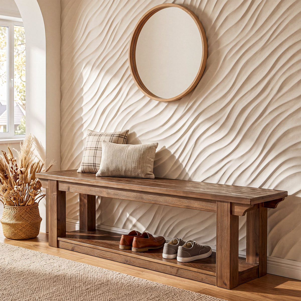160cm Entryway Shoe Bench, Farmhouse Solid Wood 2-Tier Storage for Hallway Bedroom