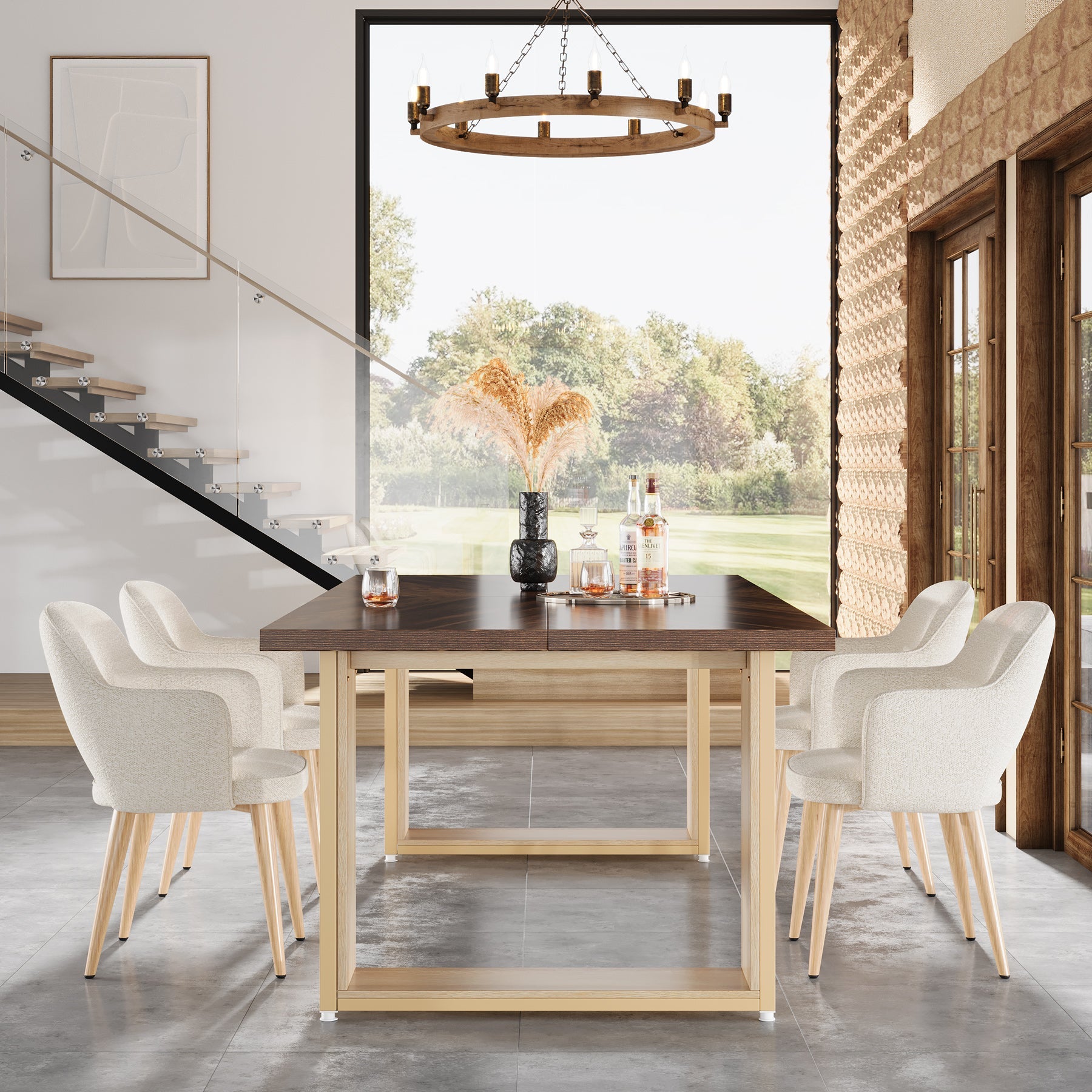 63" Dining Table, Wood Kitchen Table with Metal Frame for 4 People