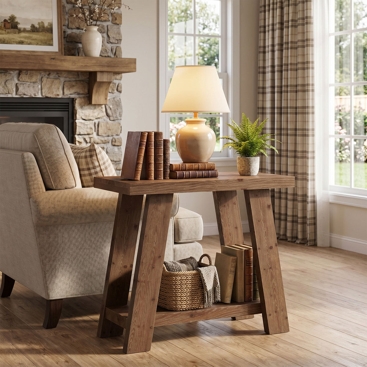 70cm Side Table, Solid Wood 2-Tier Nightstand with Storage for Living Room Bedroom