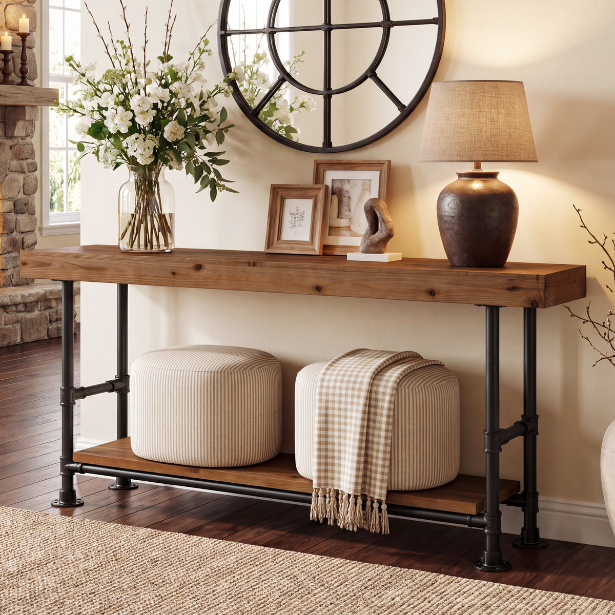 160cm Console Table, 2-Tier Solid Wood for Entryway & Hallway