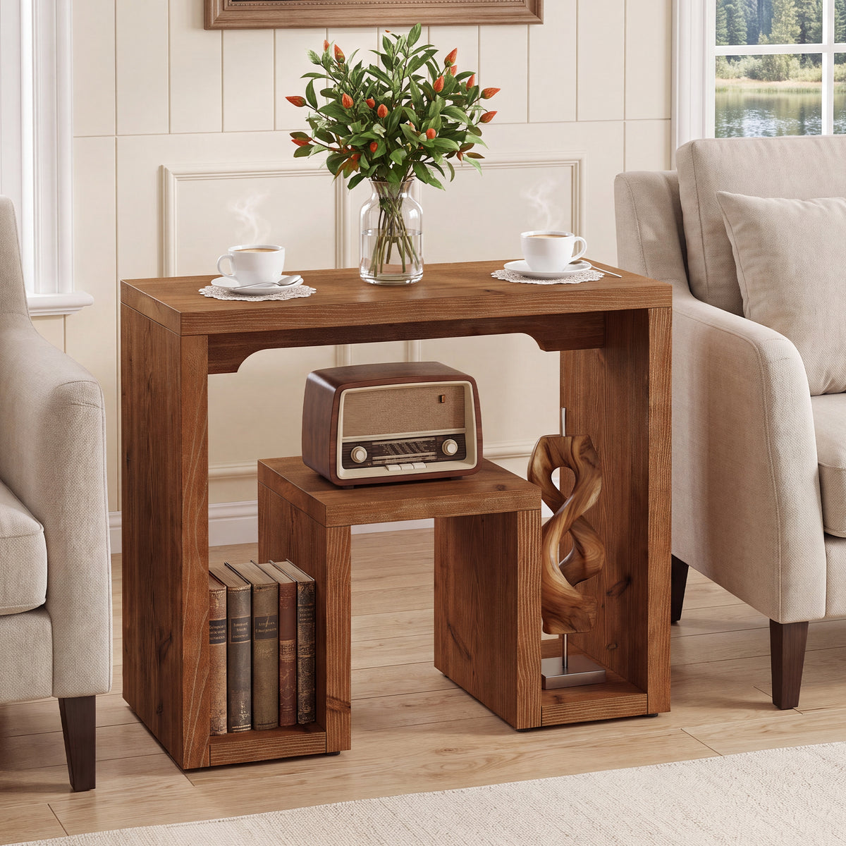 60cm Side Table, U-Shaped Solid Fir Wood Farmhouse Accent Table for Living Room