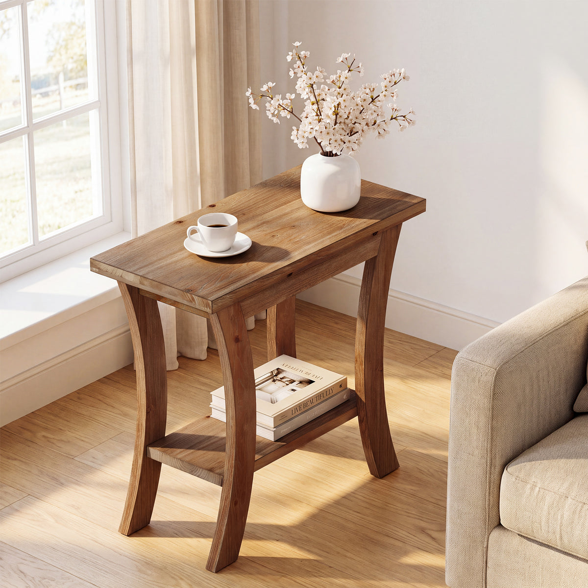 60cm Side Table, Solid Wood Farmhouse End Table with Lower Shelf