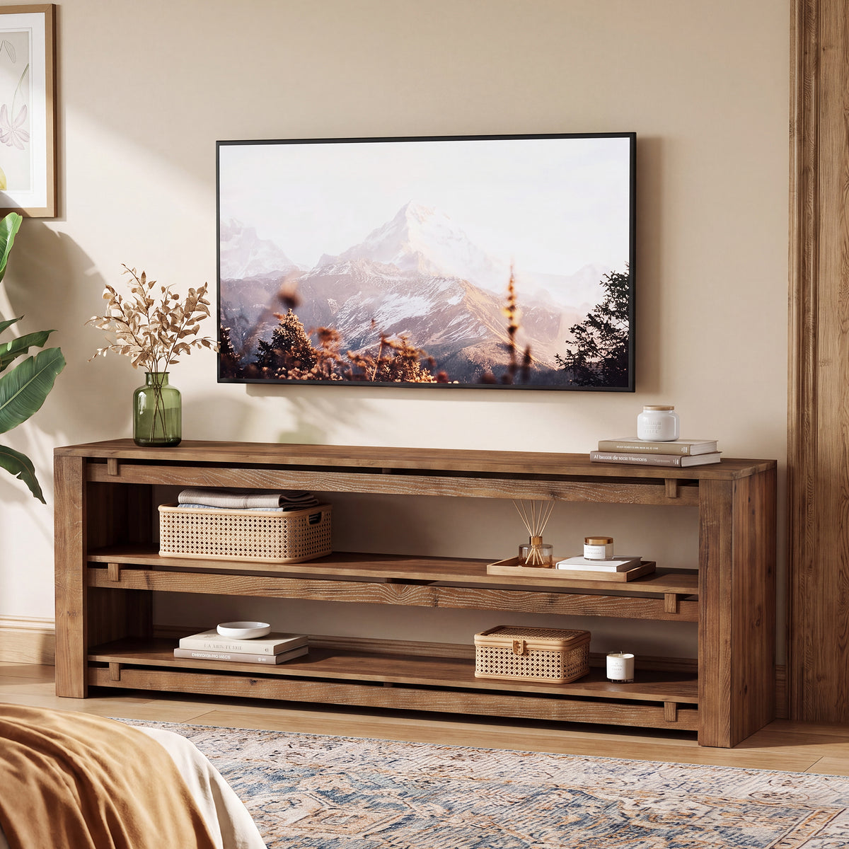 160cm TV Stand, Solid Wood 3-Tier Console with Storage for TVs up to 75"