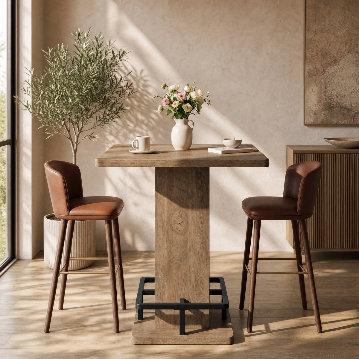 80cm Square Bar Table, Pedestal Base with Built-In Footrest for Home Bar