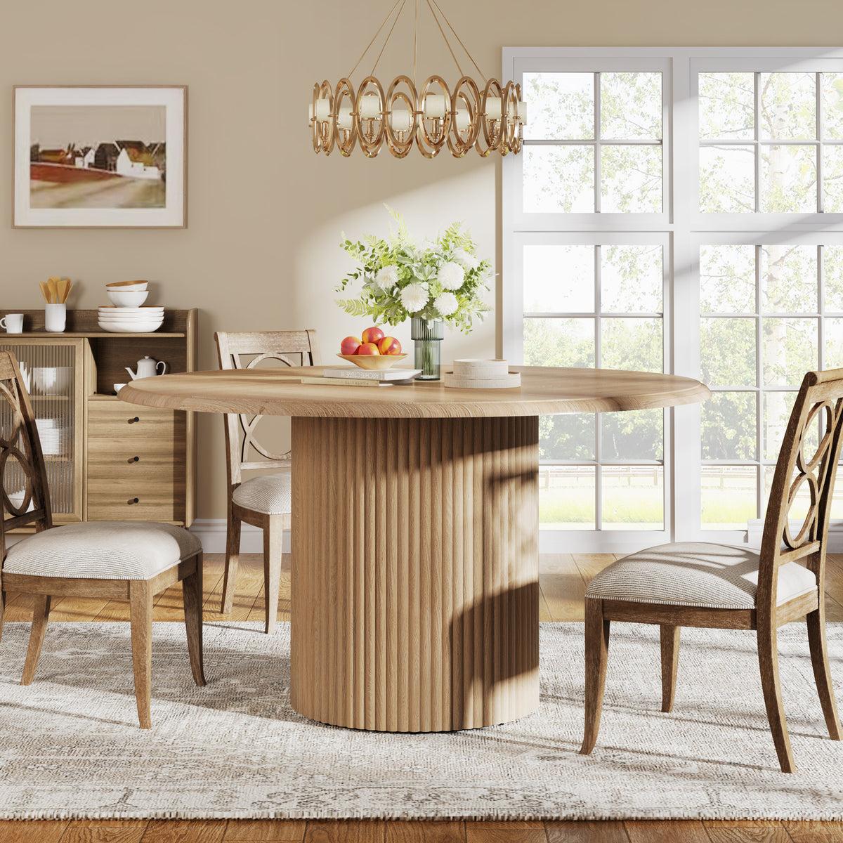 120cm Round Dining Table, Modern Kitchen Table for 4-6 with Metal Base