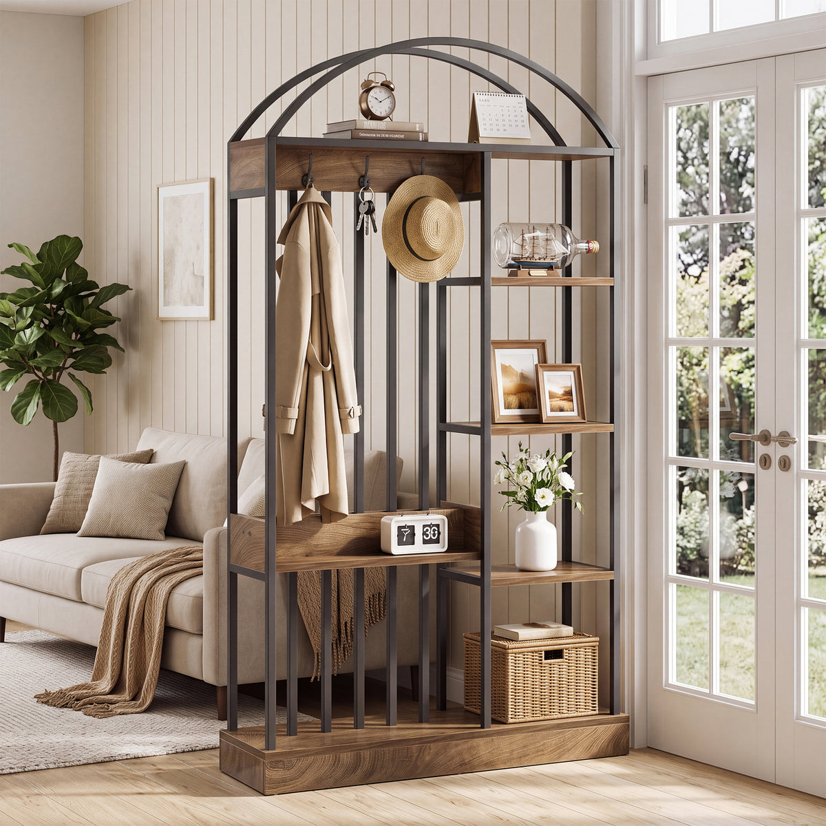 181cm Wall Room Divider, Freestanding Metal Frame MDF Shelves for Living Room