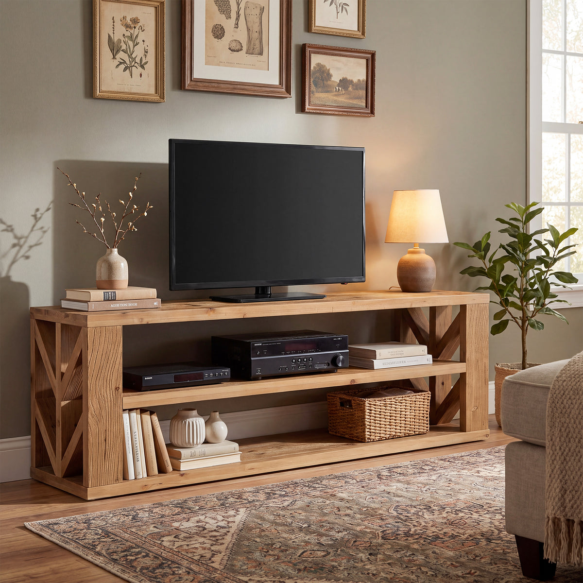 120cm TV Stand, 3-Tier Solid Wood Media Console with Open Shelf