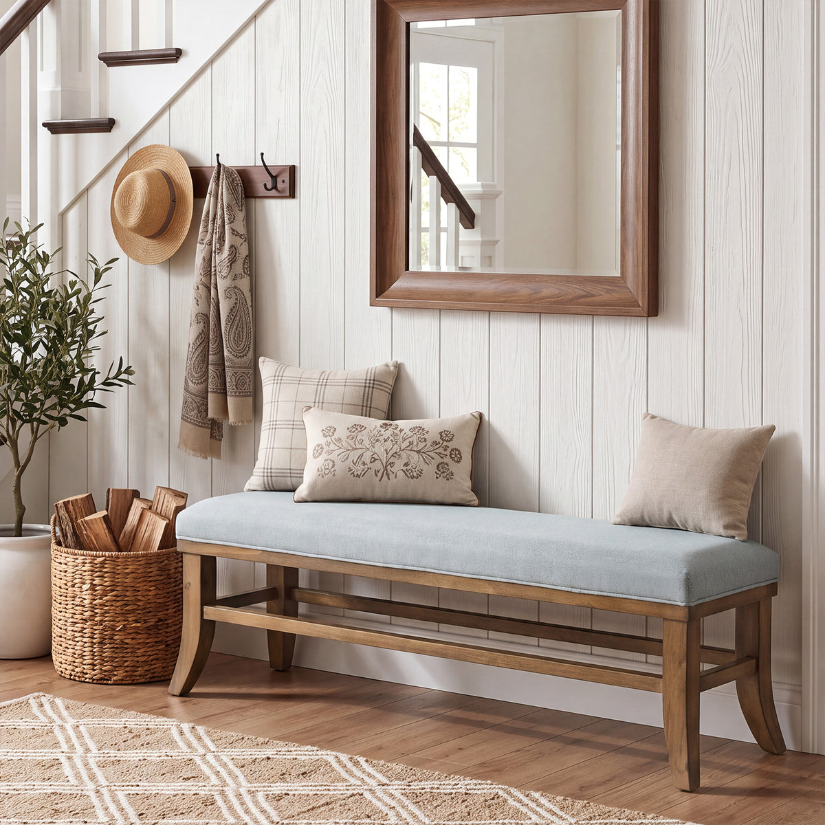 140cm Entryway Bench, Upholstered Wooden Bench with Linen Cushion & Solid Pine Frame