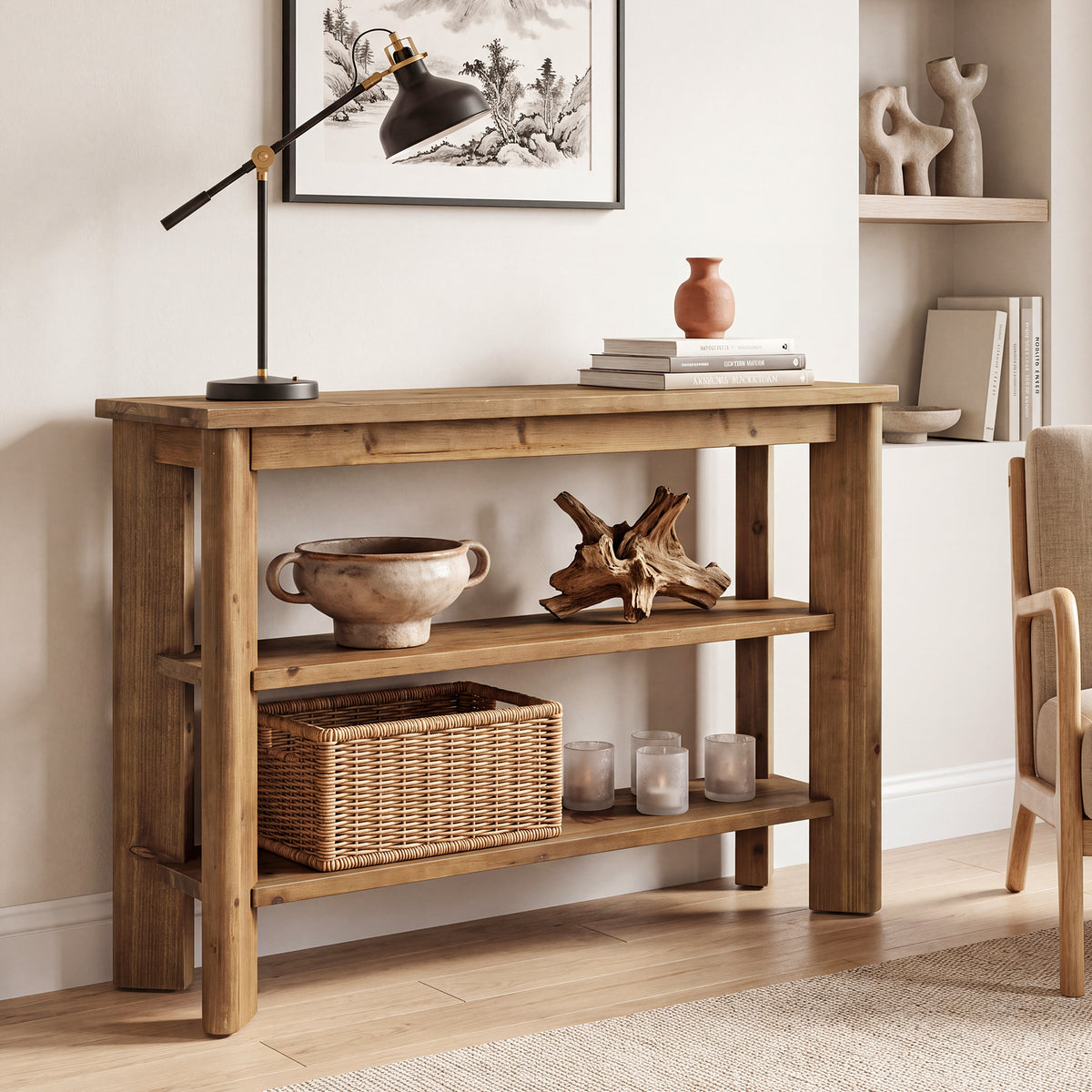 104cm Console Table, 3-Tier Solid Wood Entryway Sofa Table