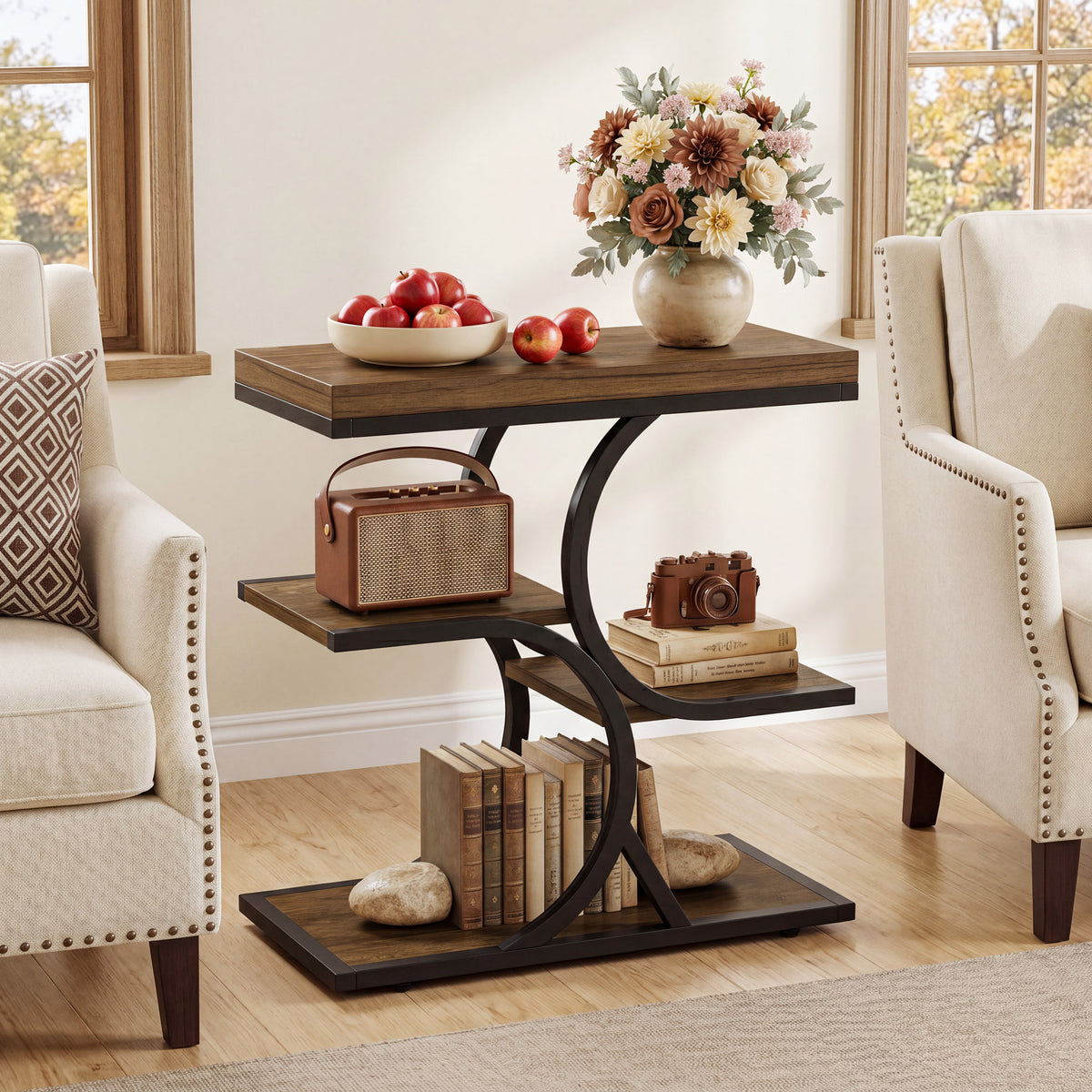 60cm Side Table, 4-Tier Industrial Narrow Open Storage for Living Room Bedroom