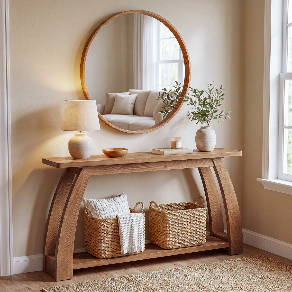 160cm Console Table, Solid Wood 2-Tier Arched Leg Entryway Table