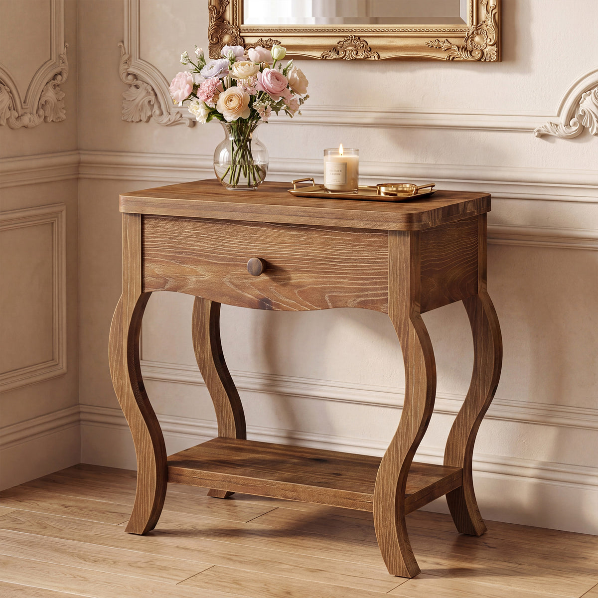 61cm End Table, Rustic Solid Wood Tall Side Table with Drawer for Living Room