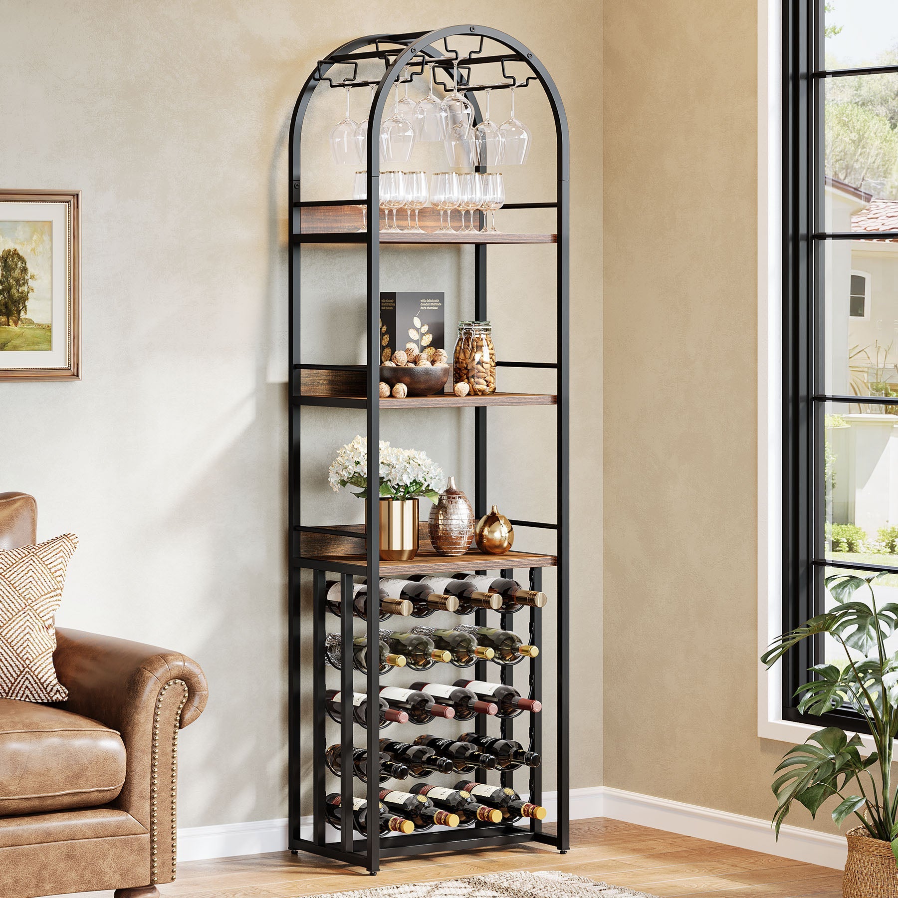 72.04" Tall Wine Rack with Glass Holder, Industrial Metal Wine Storage Stand with Tabletop