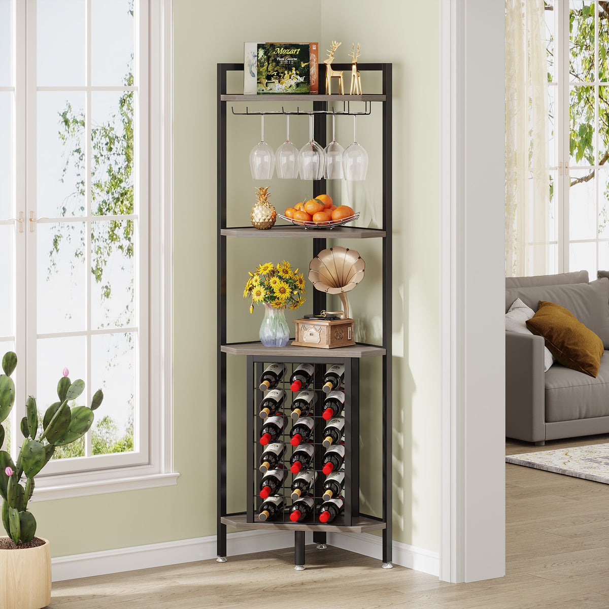 161cm Corner Wine Rack, 4-Tier Industrial Shelf with Glass Holder