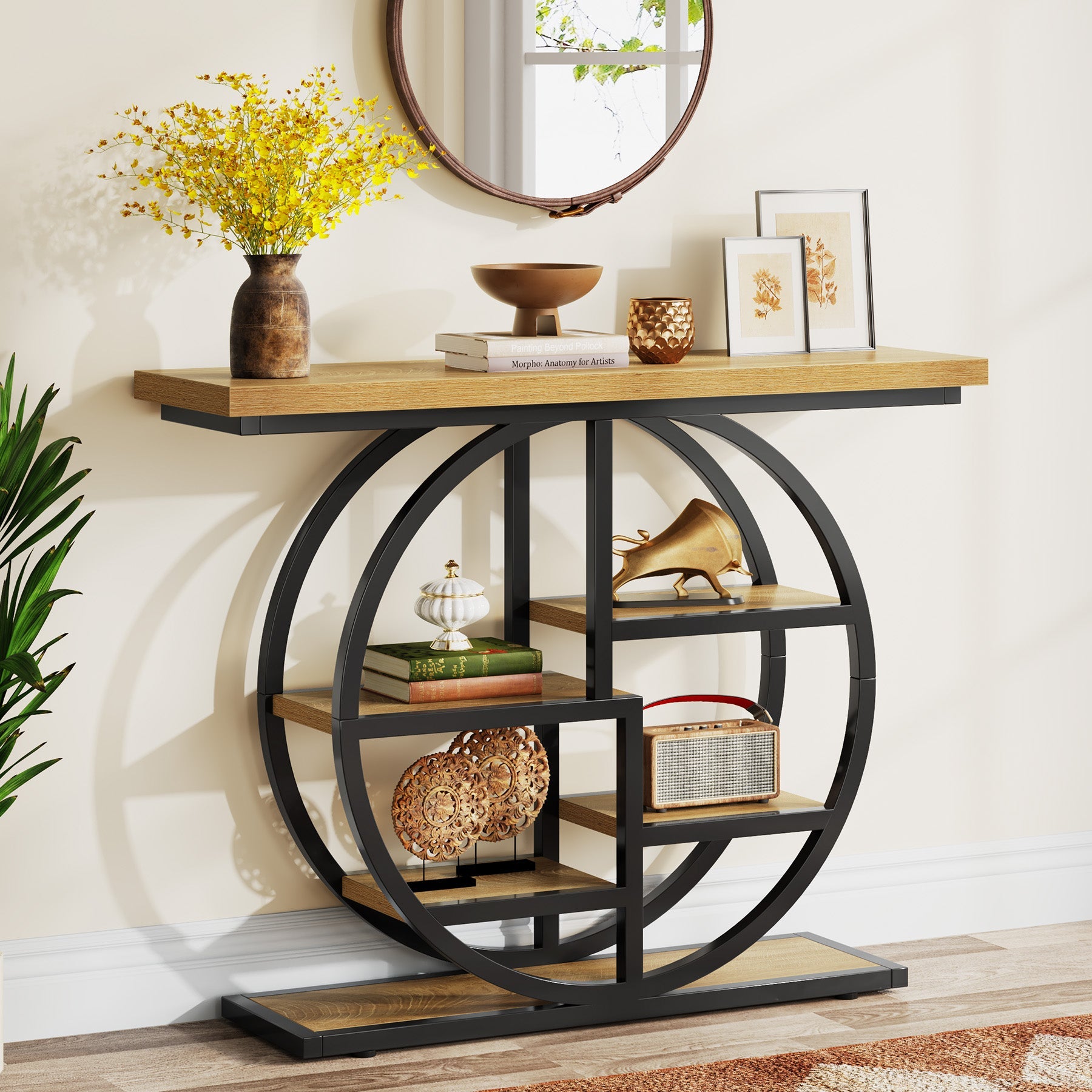 41" Industrial Console Table, Narrow 6-Tier Sofa Entryway Table with Circle Base