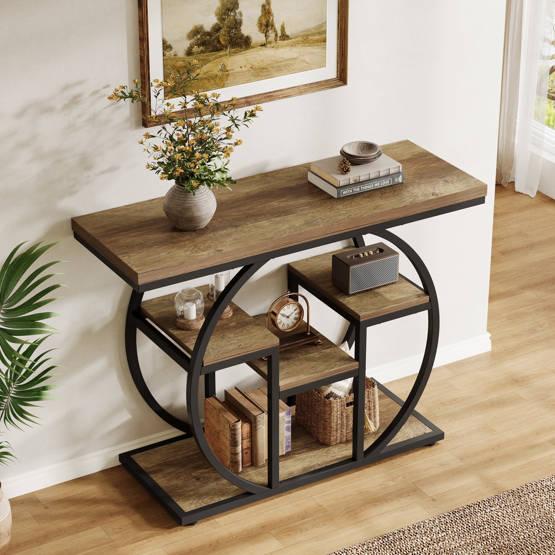 105cm Industrial Console Table, 4-Tier Sofa Table with Storage Shelves
