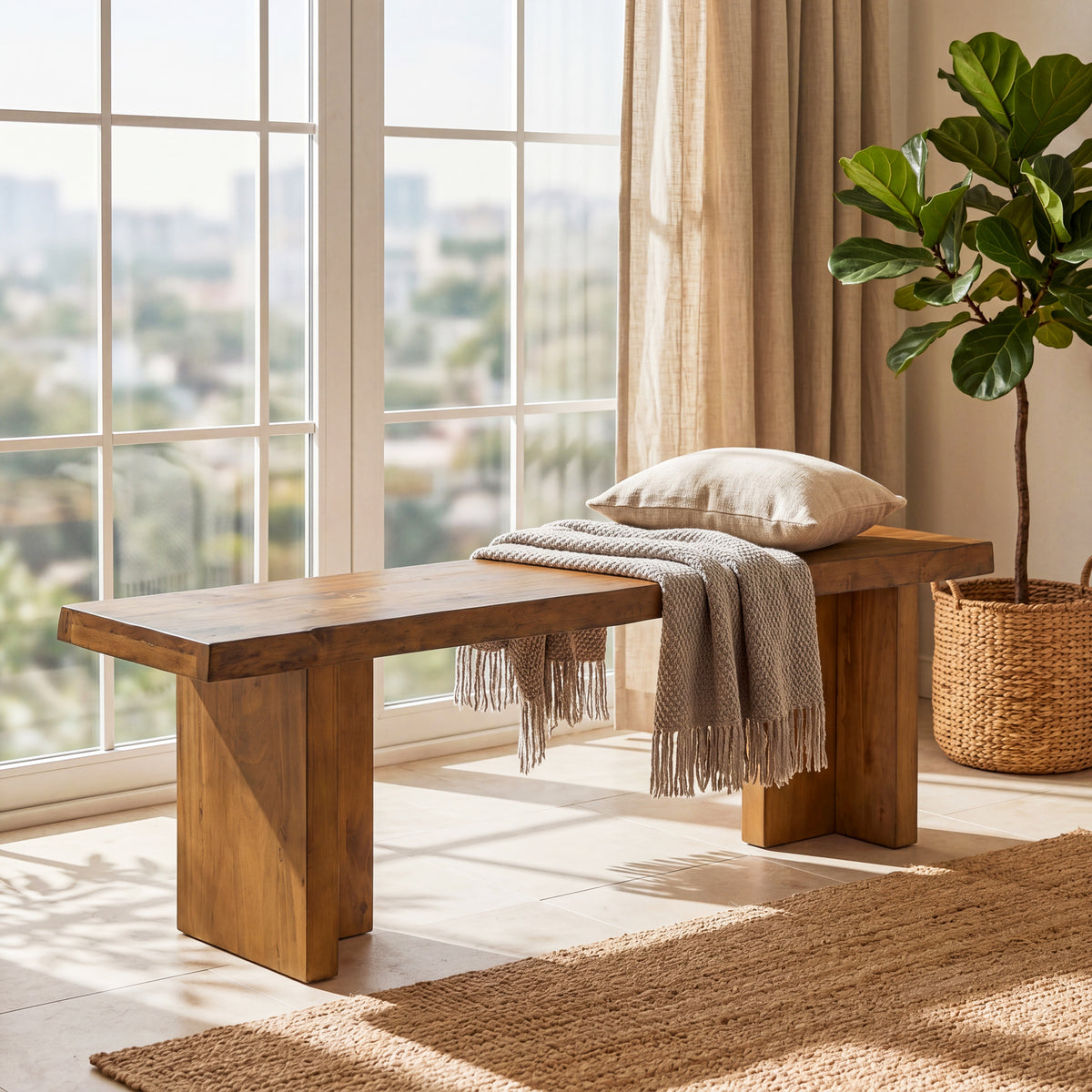 140cm Entryway Bench, Solid Wood Shoe Bench for Hallway & Living Room
