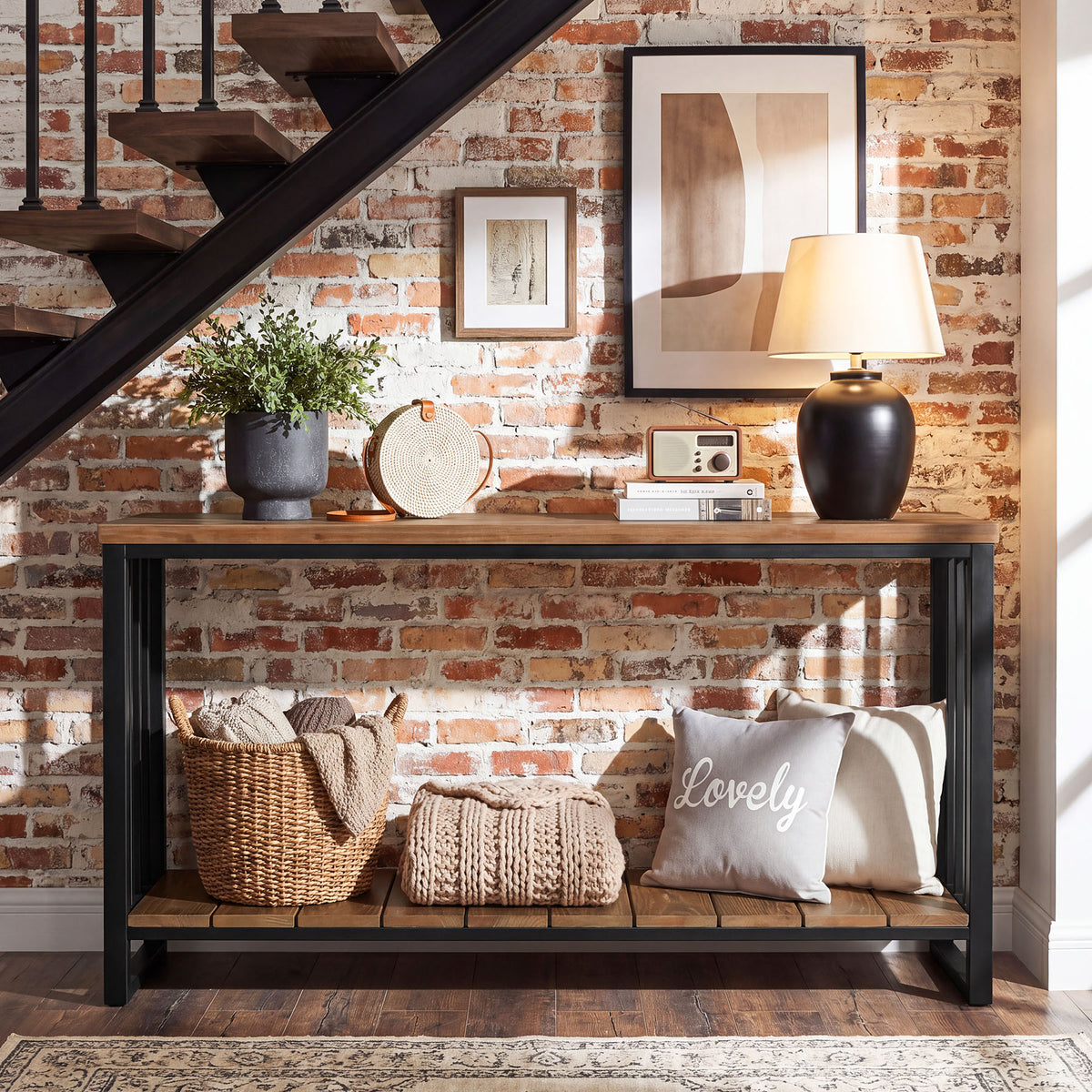 140cm Console Table, Narrow Country Hallway Table with Metal Frame