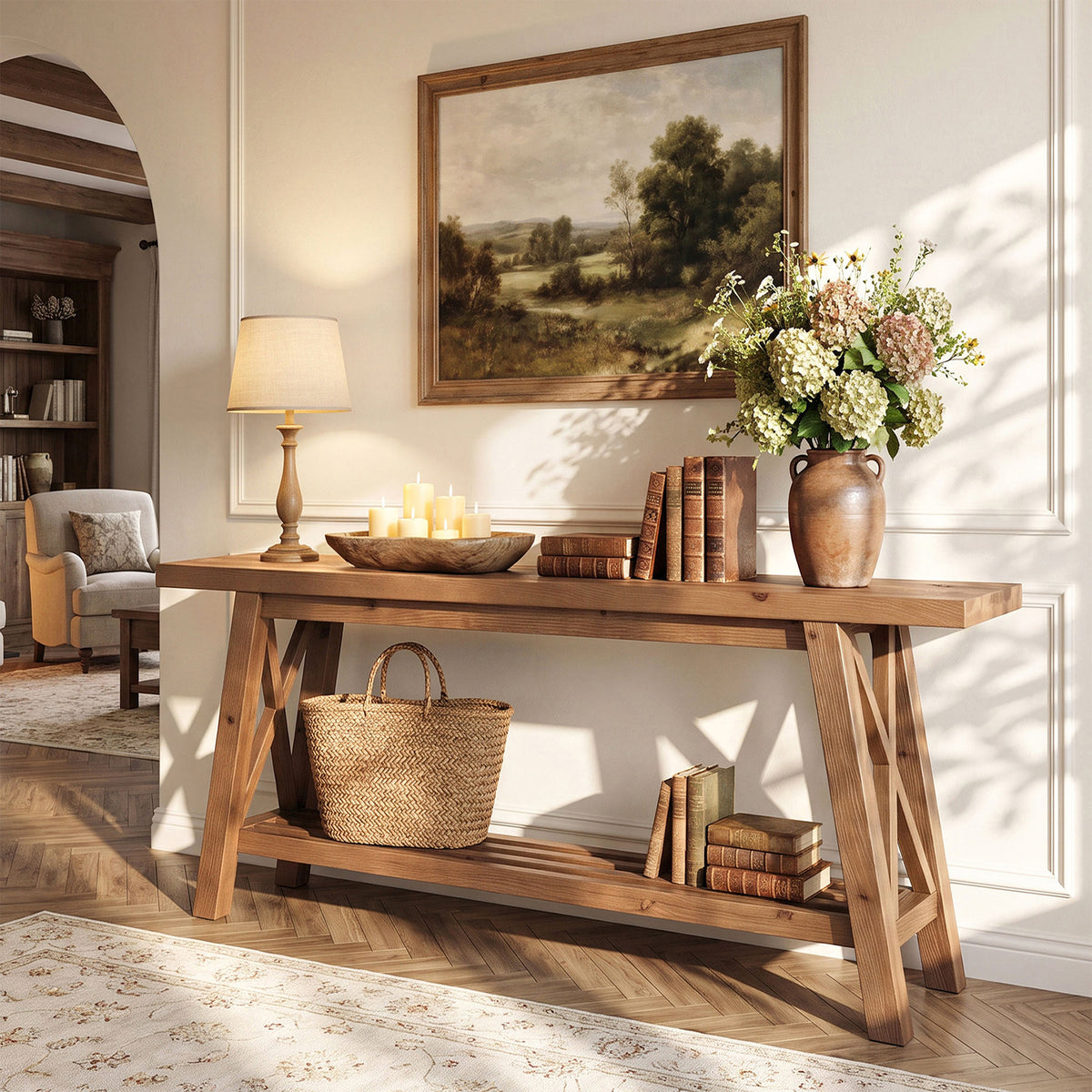 160cm Console Table, Solid Wood X-Brace 2-Tier Entryway Sofa Table with Storage