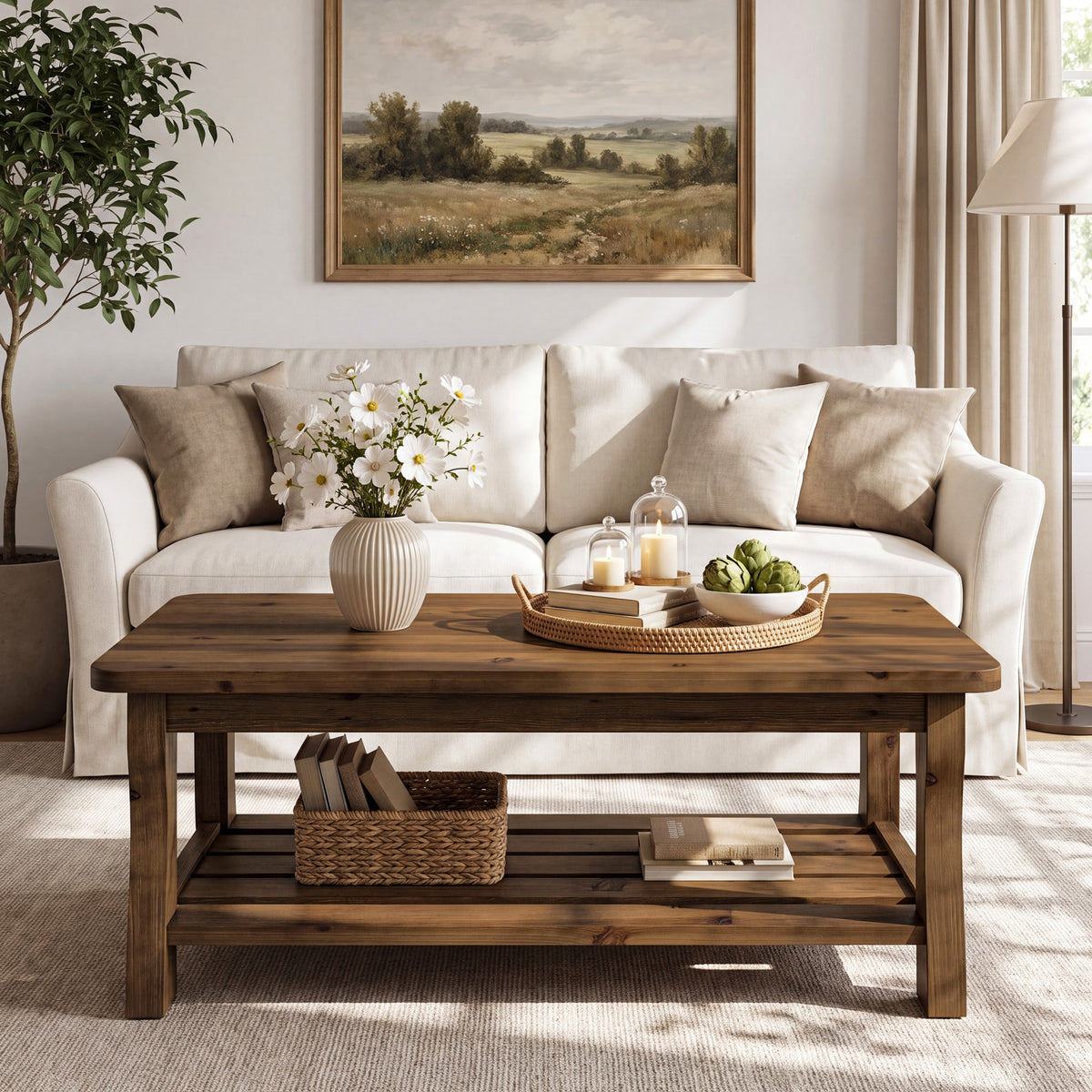 47" Solid Wood Coffee Table, Farmhouse 2-Tier Living Room Center Table, Dark Brown