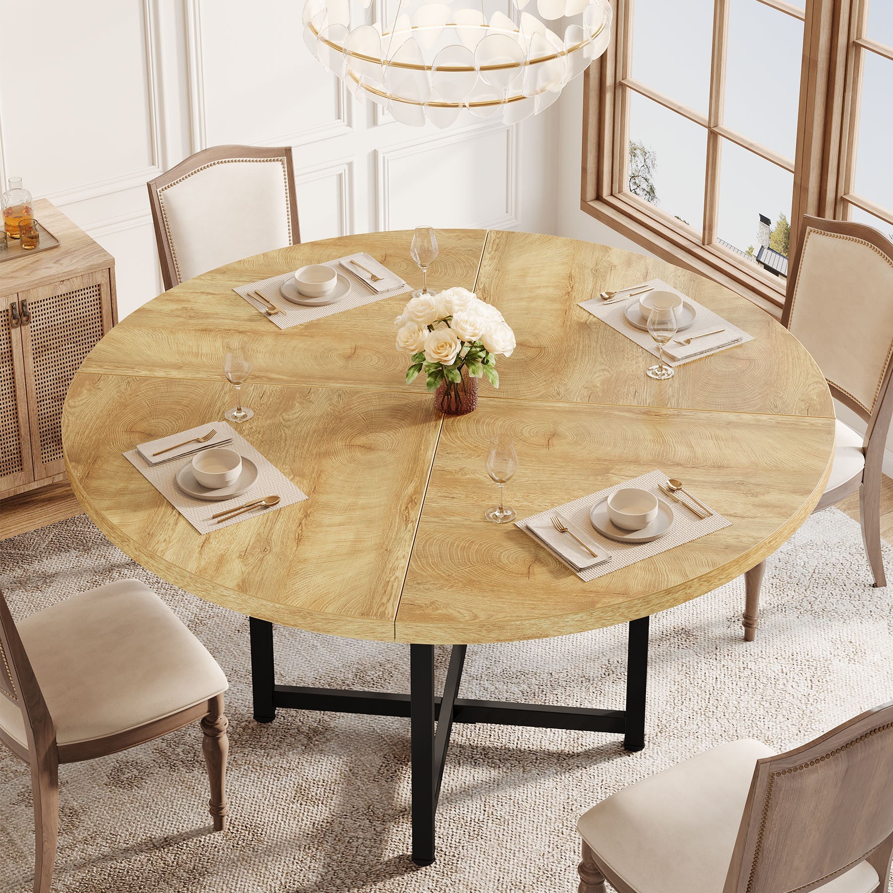 47" Round Dining Table, Heavy-Duty Metal Base, Space-Saving