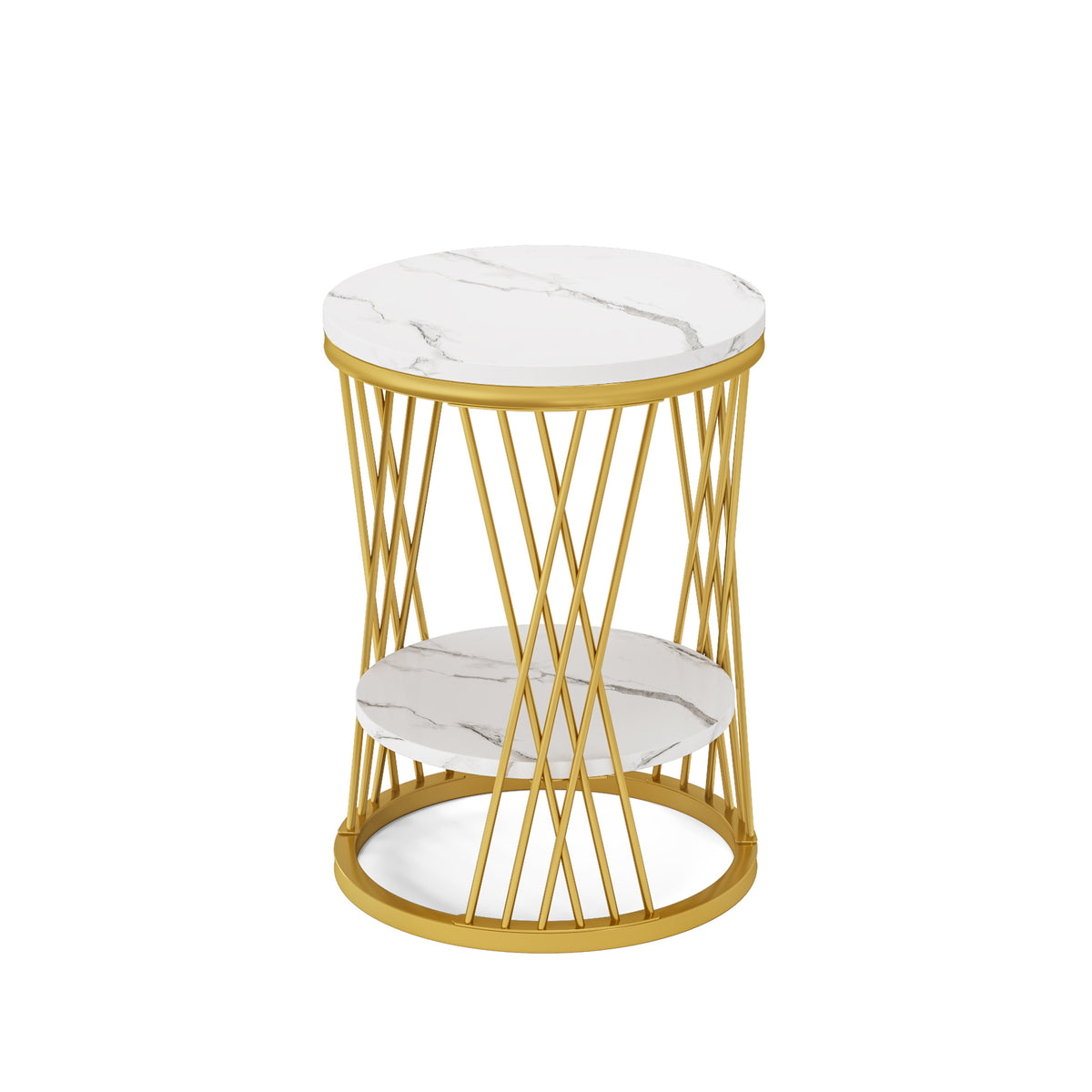 60cm Round End Table, 2-Tier Faux Marble Side Table with Gold Frame