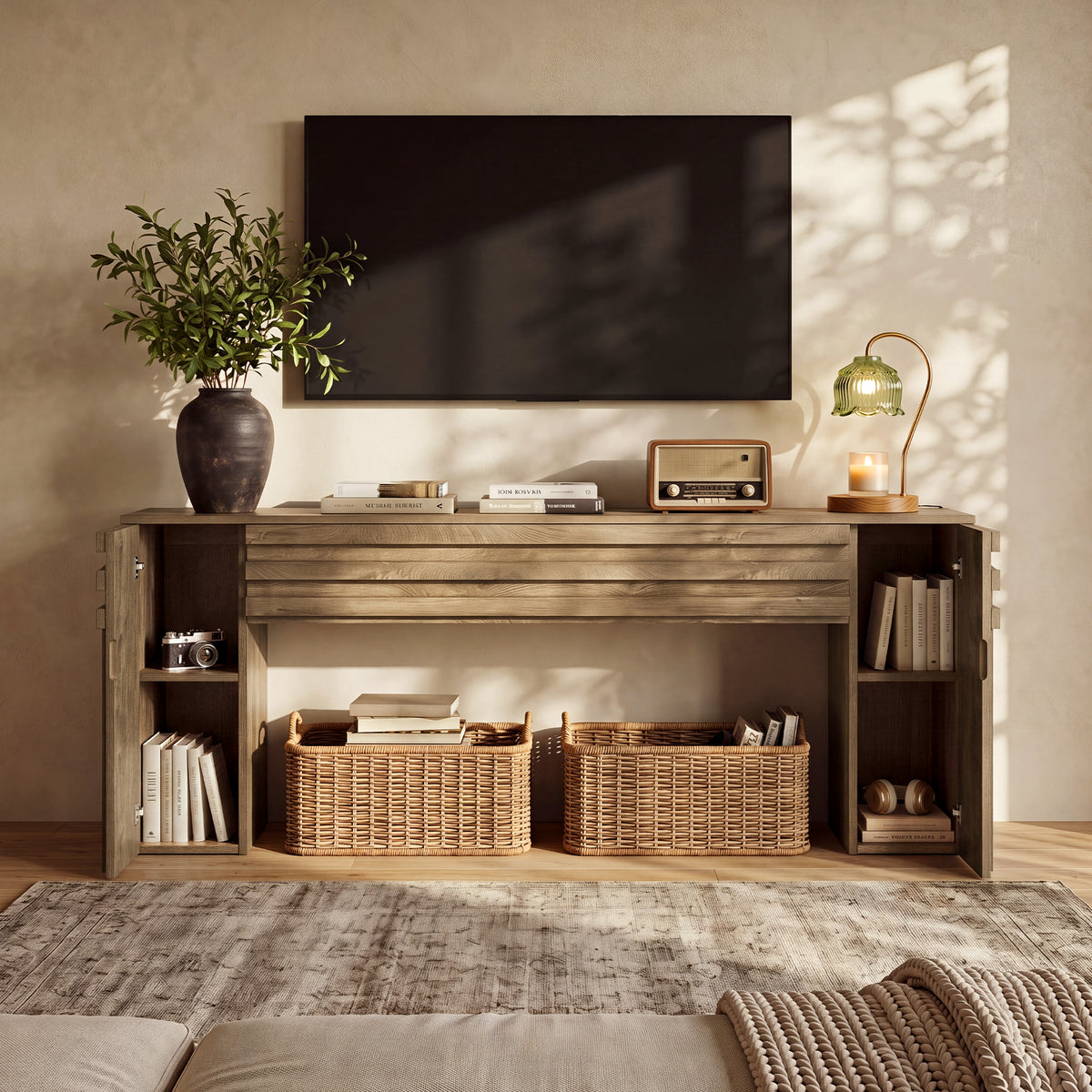 160cm TV Stand, Farmhouse Console with Hidden Cabinets for Living Room