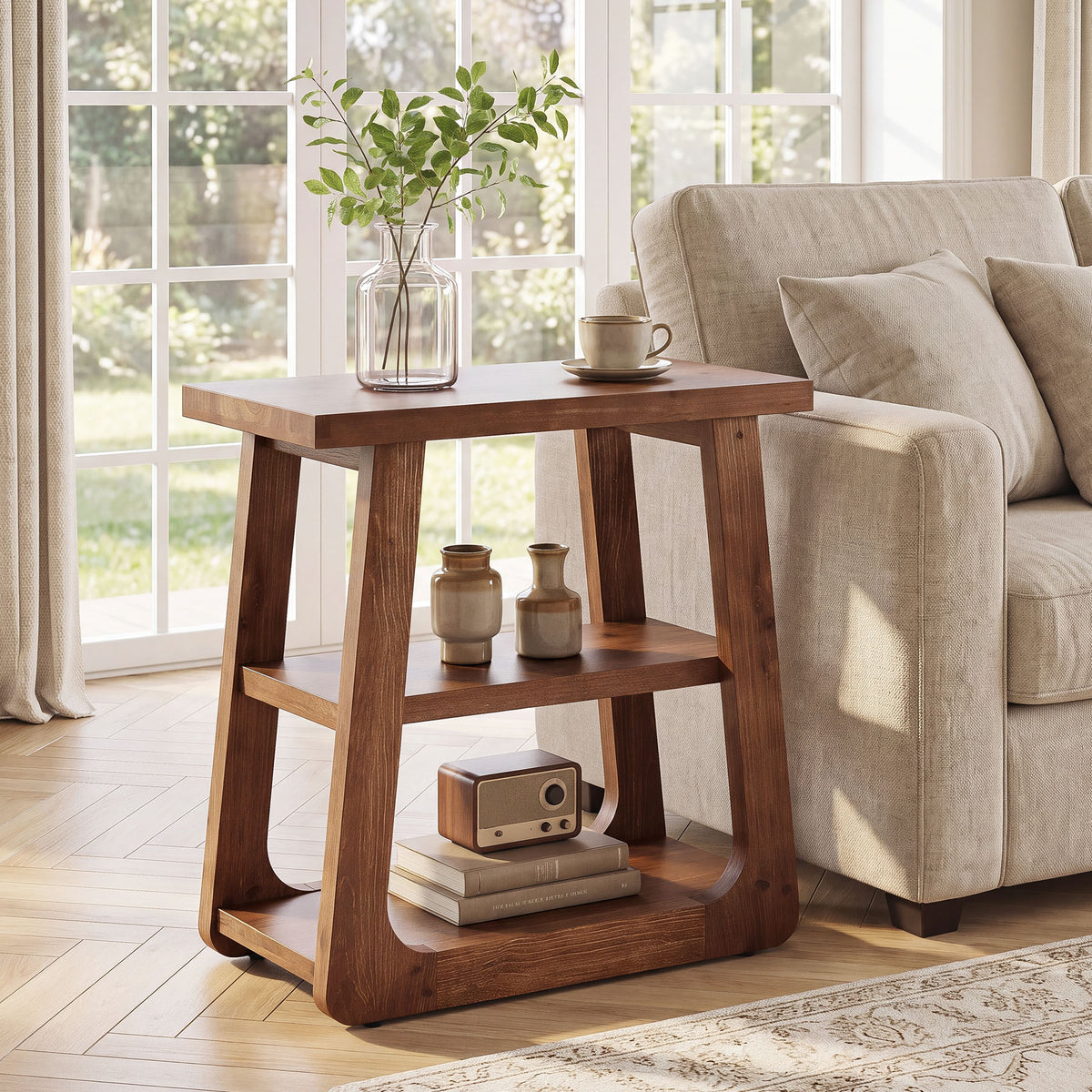 50cm Side Table, Farmhouse 3-Tier Solid Wood End Table for Small Spaces