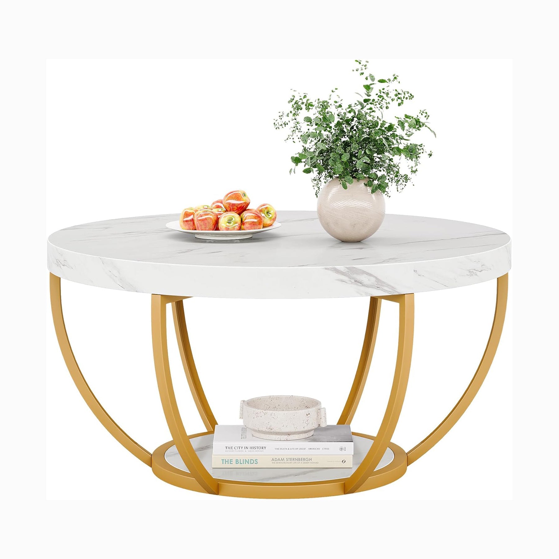 31.69" Round Wooden Coffee Table, 2-Tier Central Cocktail Table with Shelves