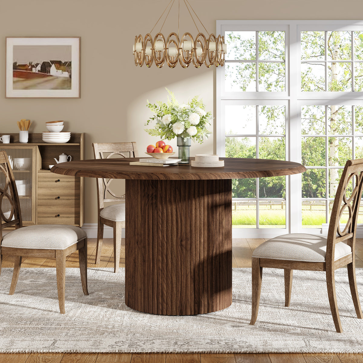120cm Round Dining Table, Modern Kitchen Table for 4-6 with Metal Base