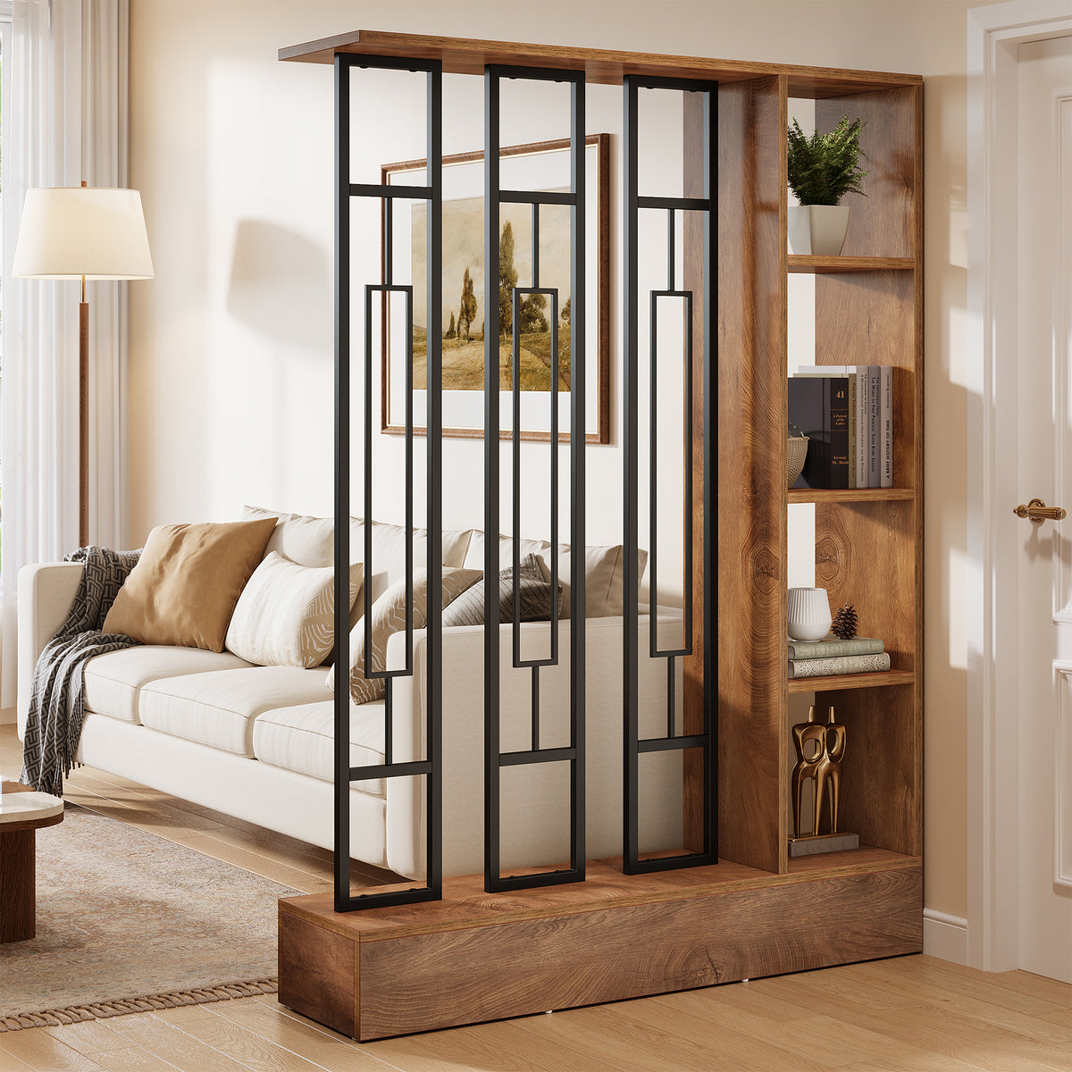 180cm Room Divider, Freestanding Display Shelf with Metal Frame