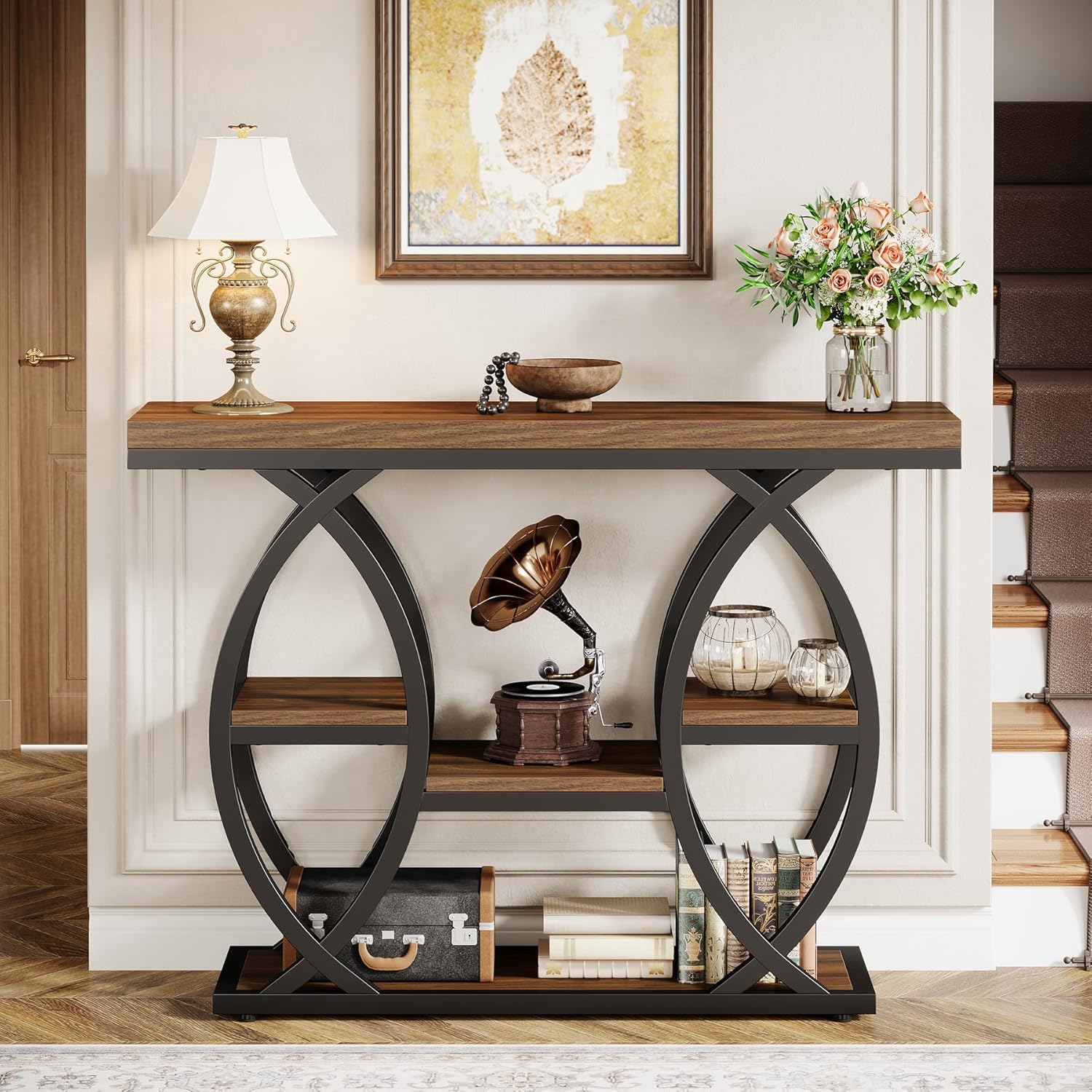 39.4" Console Table, 4-Tier Narrow Sofa Table with Metal Frame & Storage