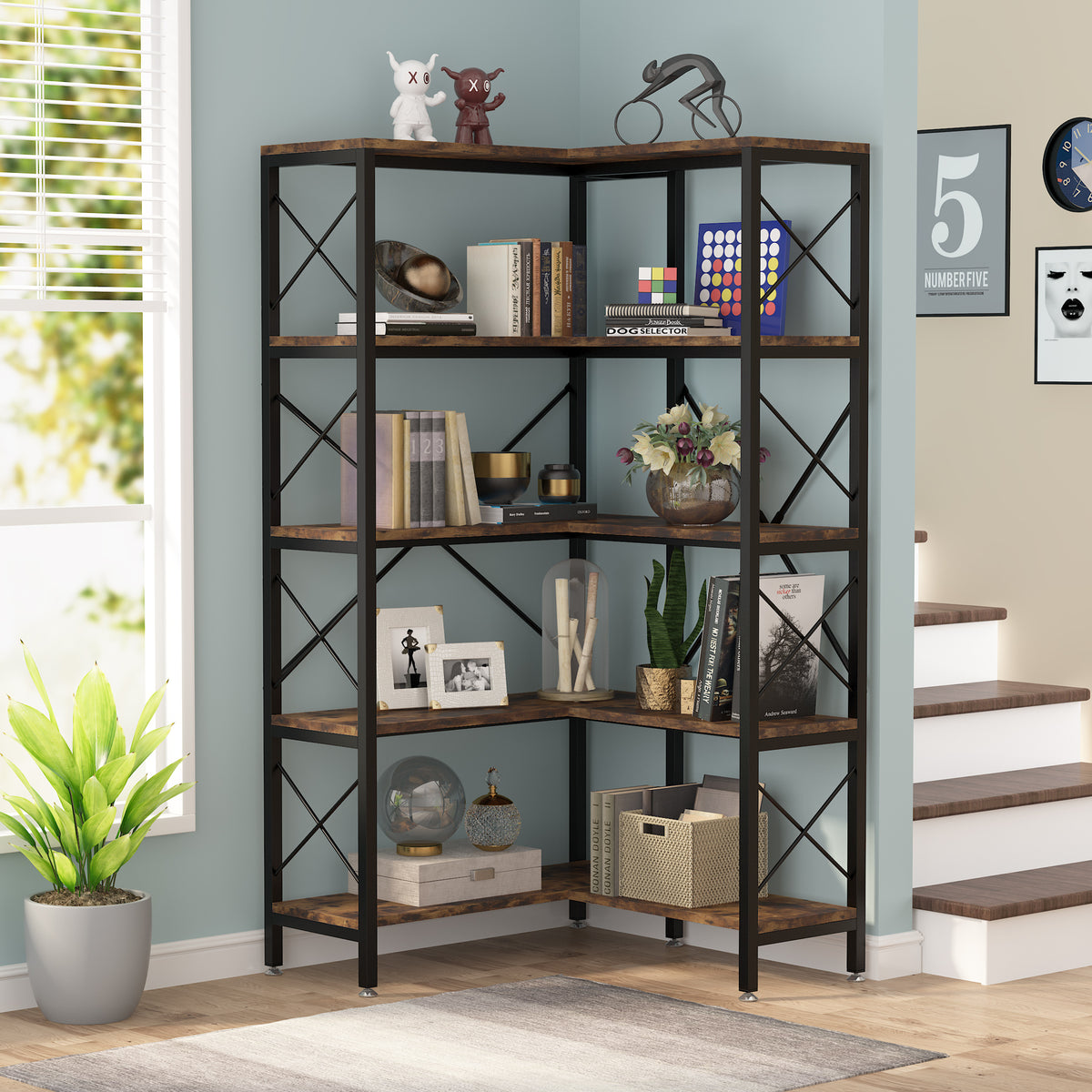 168cm Corner Bookshelf, 5-Tier Industrial Open Storage Rack