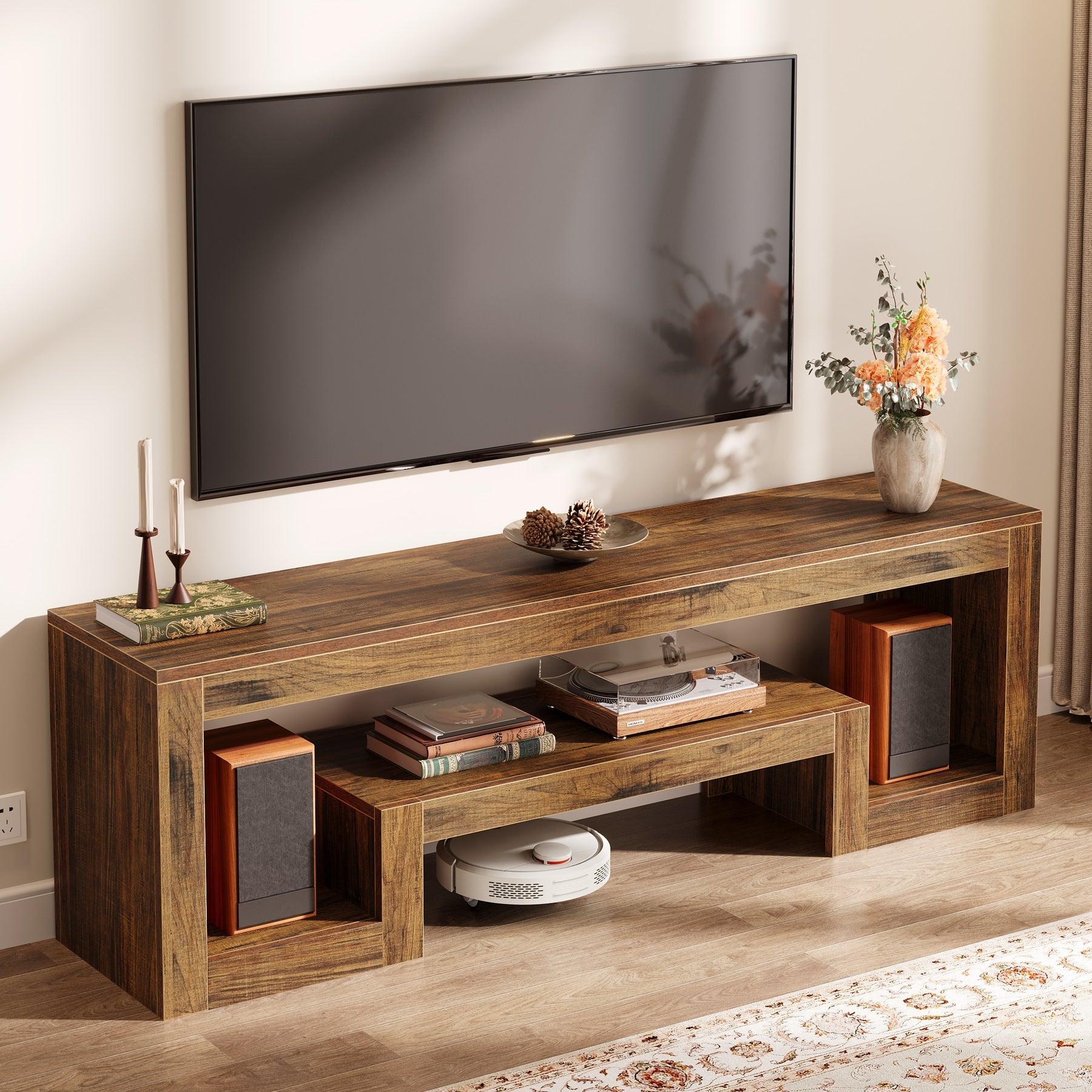 63” TV Stand, Farmhouse Entertainment Center with Open Storage Shelves for Living Room
