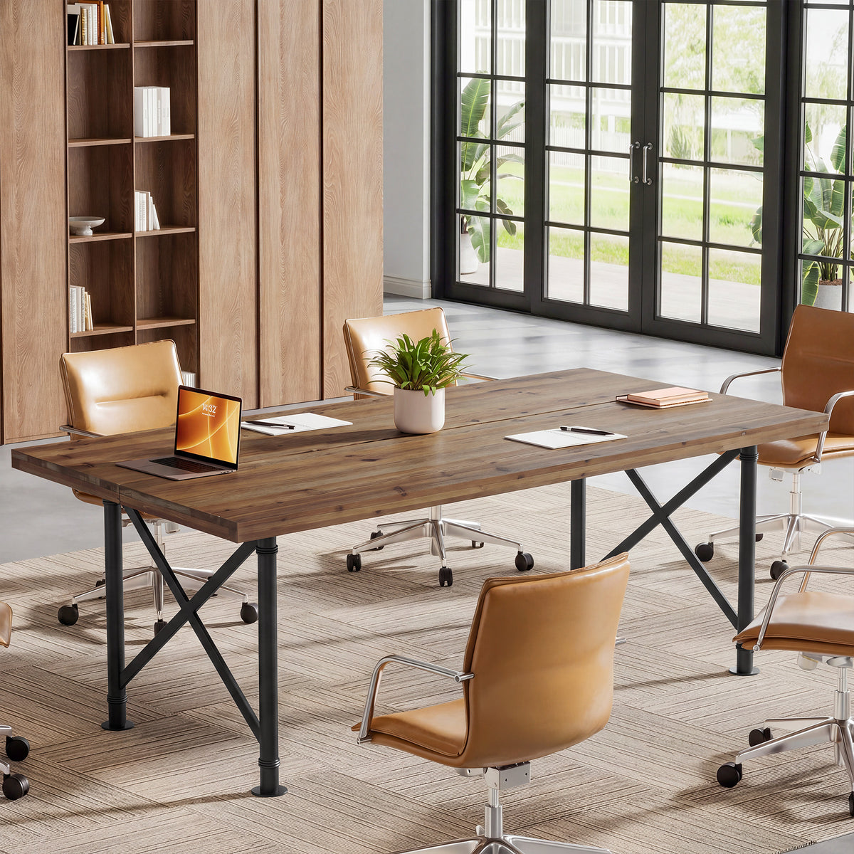 160cm Computer Desk, Solid Wood with X-Frame Metal Base for Home Office