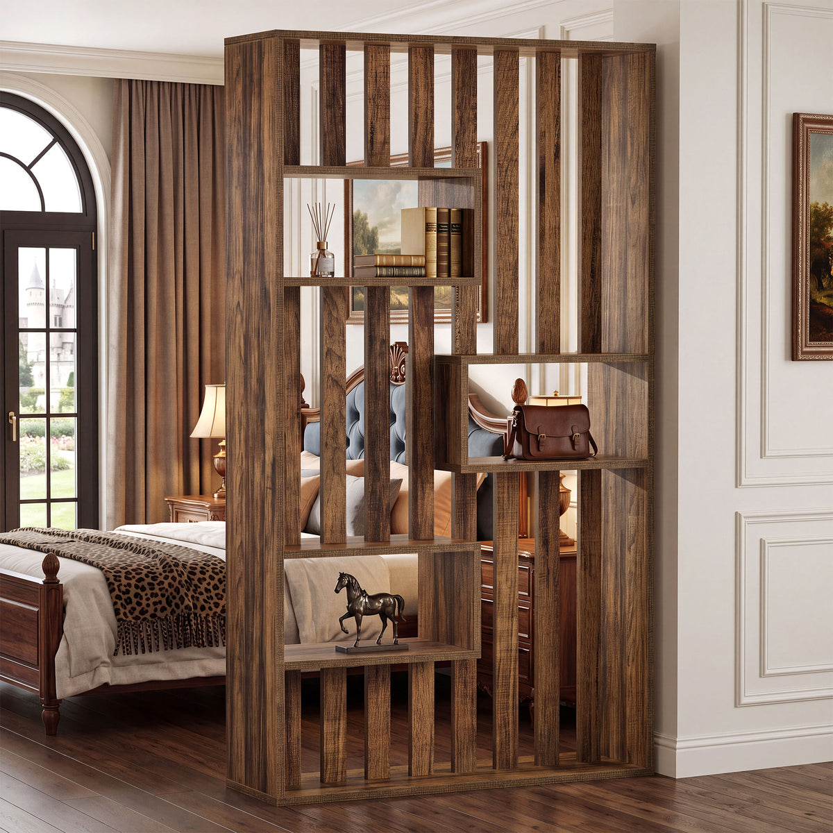 180cm Room Divider, Freestanding Slatted Partition with Built-in Shelves