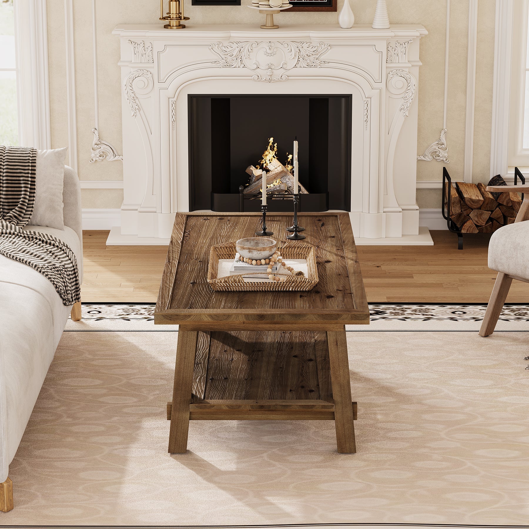 47" Solid Wood Coffee Table, Rectangle Center Table with 2-Tier Shelves