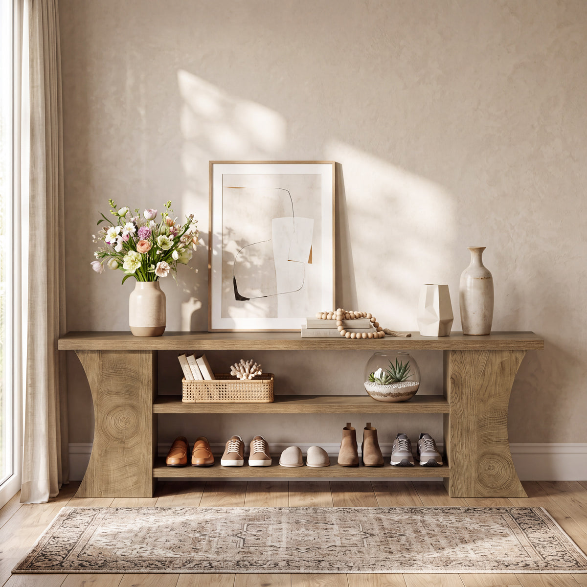 160cm Entryway Bench, 3-Tier Farmhouse Shoe Bench with Storage for Hallway