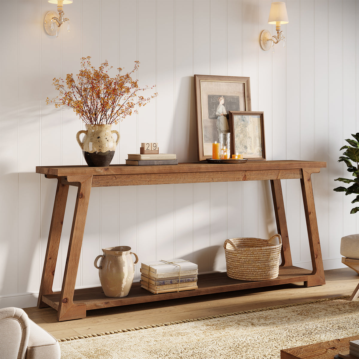 160cm Console Table, 2-Tier Wooden Hallway Table for Living Room Entryway