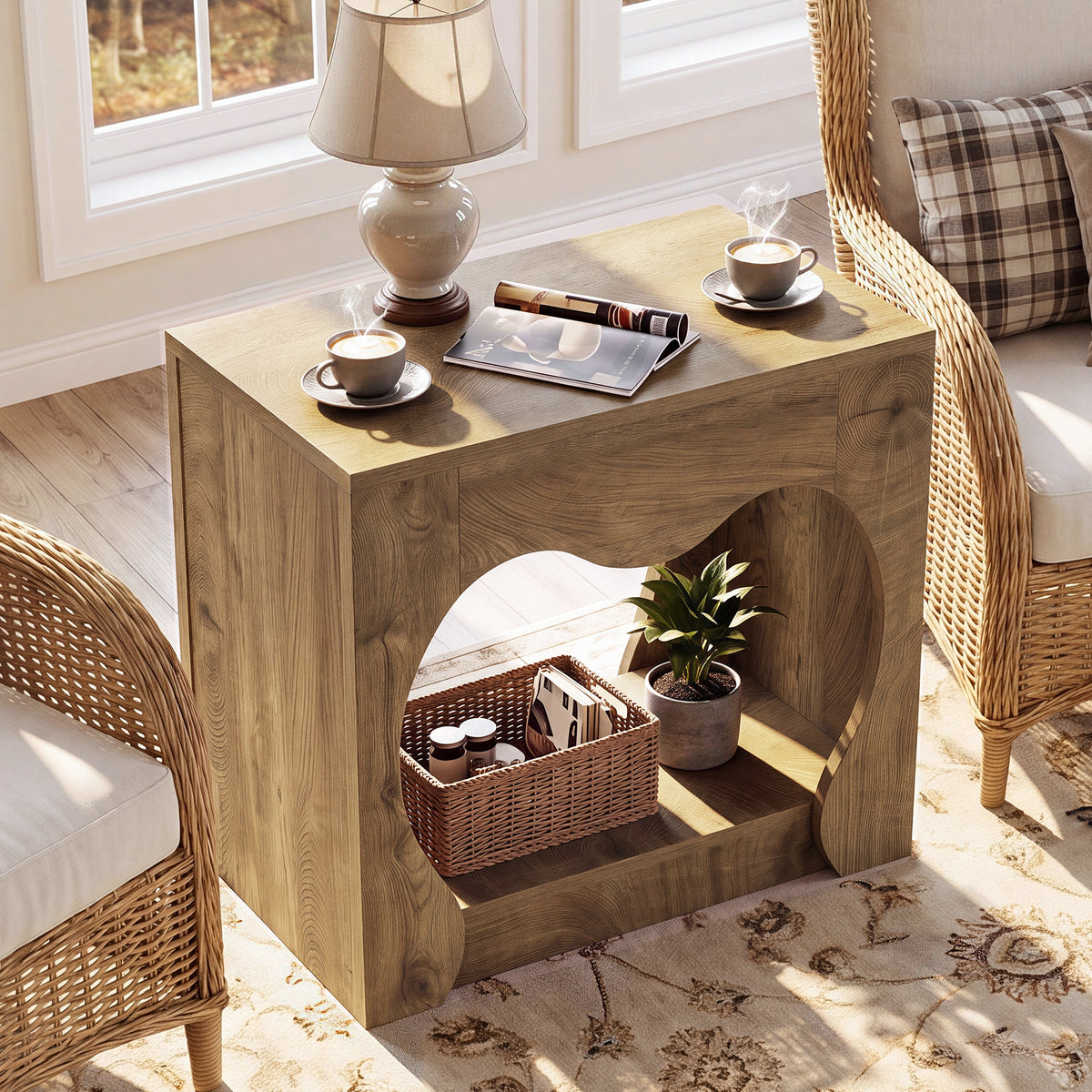 60cm End Table, 2-Tier Farmhouse Side Table with Storage Shelves & Curved Arch