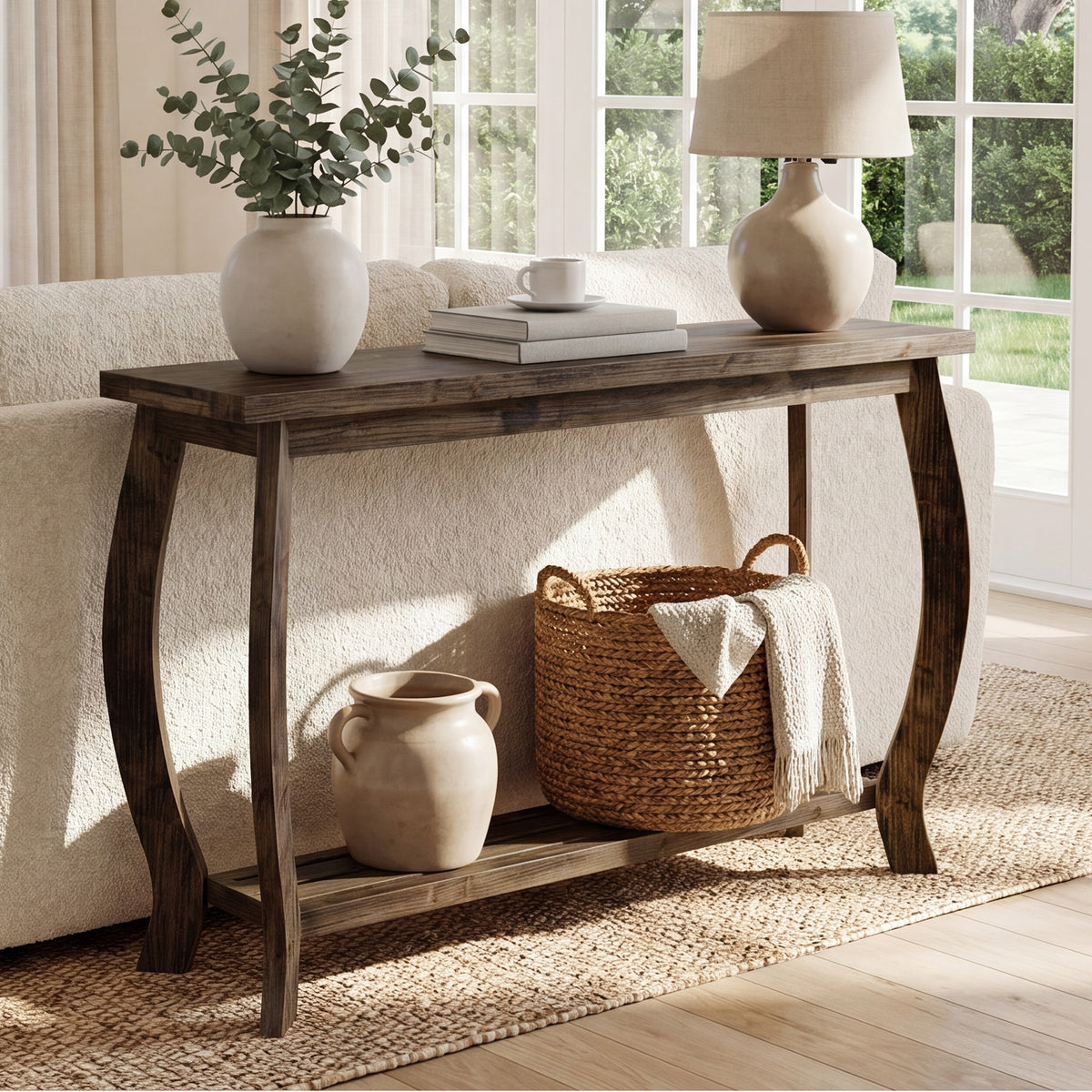 105cm Console Table, Solid Wood Farmhouse Entryway Table with Curved Legs & Shelf
