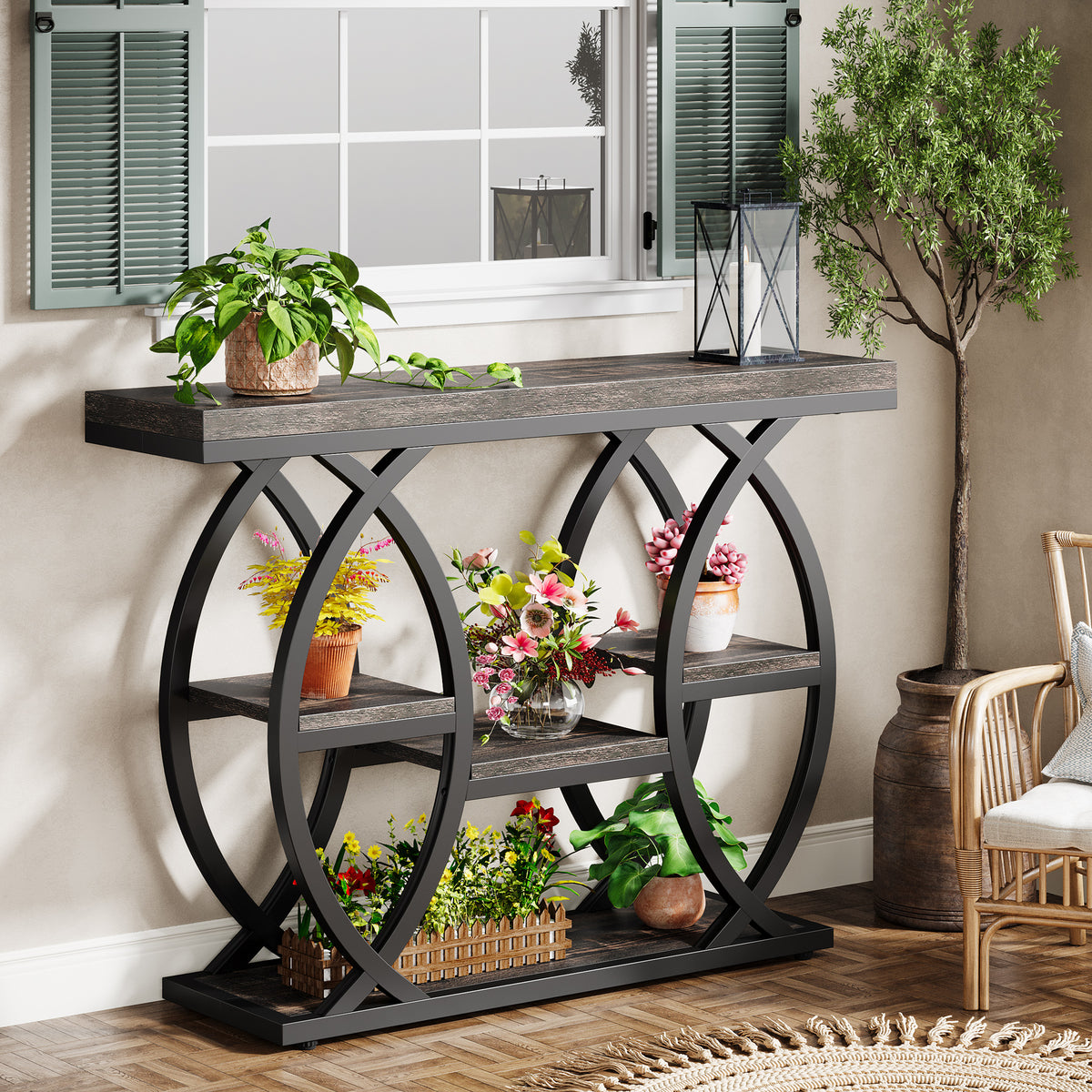 39.4" Console Table, 4-Tier Narrow Sofa Table with Metal Frame & Storage