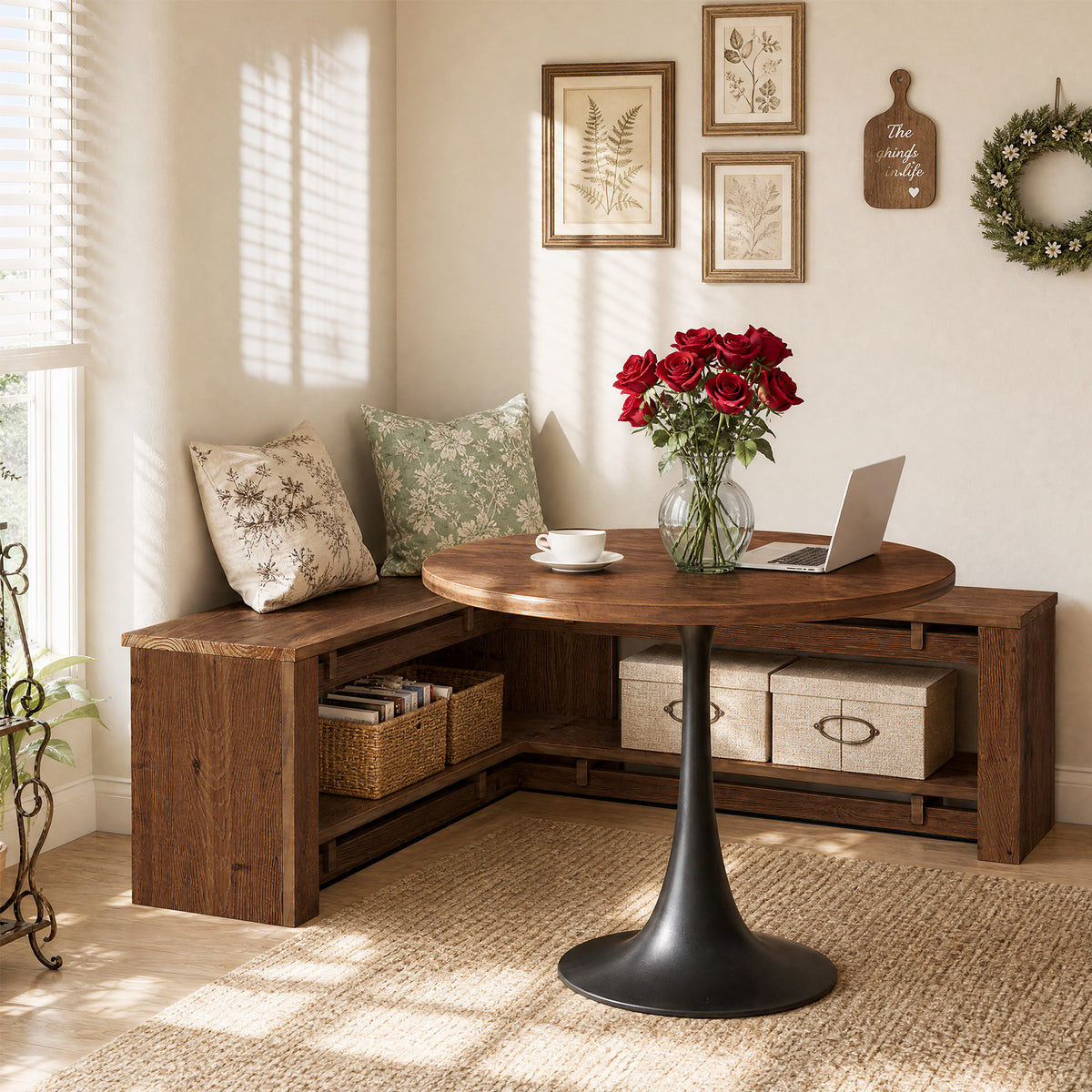 120cm L-Shaped Corner Dining Bench, Rustic Solid Wood with Storage Shelf for Breakfast Nook